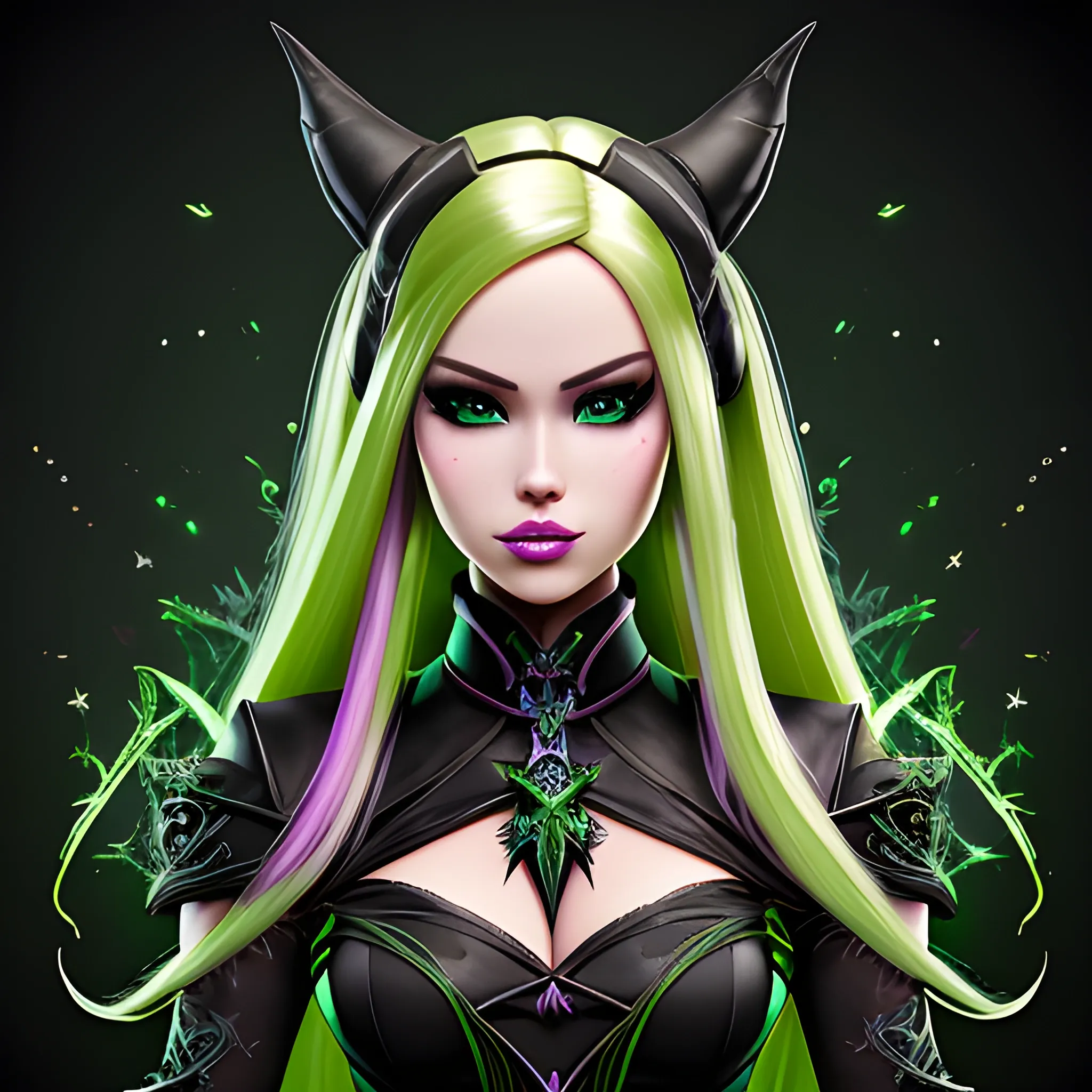 A hyper detailed, gaming style portrait of a beautiful woman, with beautiful barbie face, who is a character in a game like Dota 2, about magical adventures, witches and magicians, with blondie hair, wearing a fantasy style dark green and black wear, wrapped in black lines with beautiful dynamic background