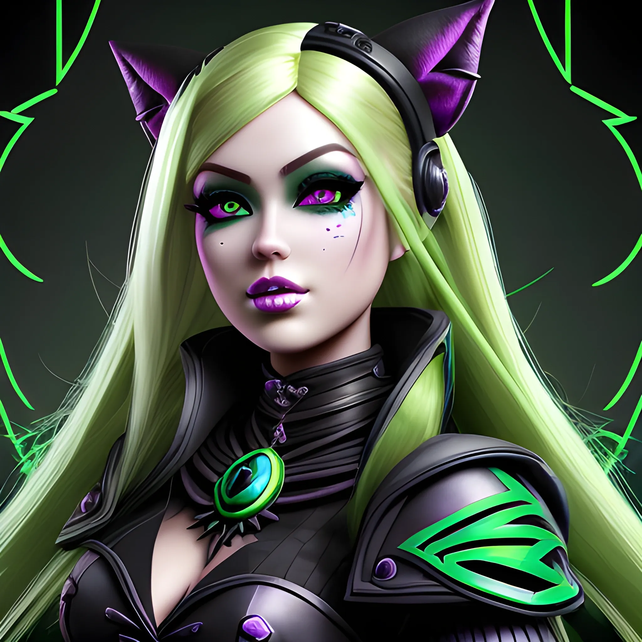 A hyper detailed, gaming style portrait of a beautiful woman, with beautiful barbie face, who is a character in a game like Dota 2, about magical adventures, witches and magicians, with blondie hair, wearing a fantasy style dark green and black wear, wrapped in black lines with beautiful dynamic background