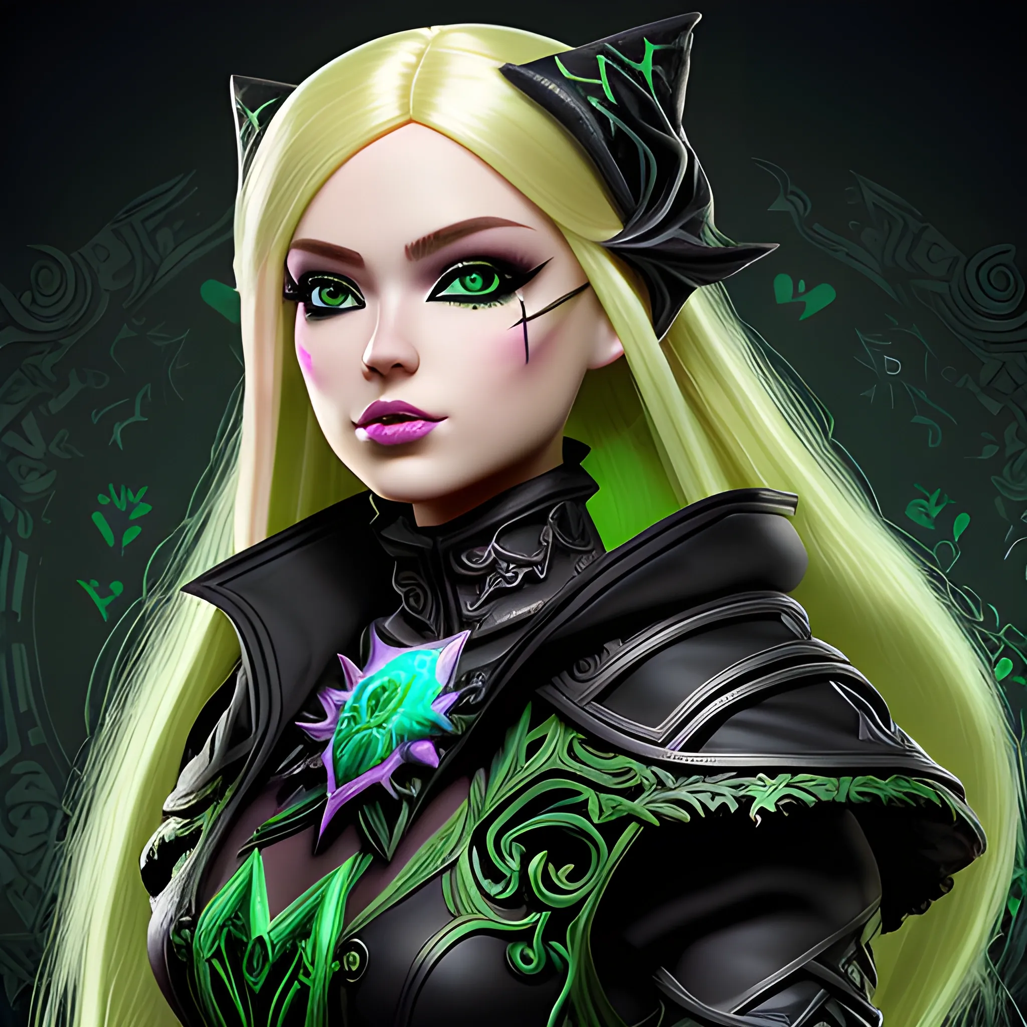 A hyper detailed, gaming style portrait of a beautiful woman, with beautiful barbie face, who is a character in a game like Dota 2, about magical adventures, witches and magicians, with blondie hair, wearing a fantasy style dark green and black wear, wrapped in black lines with beautiful dynamic background