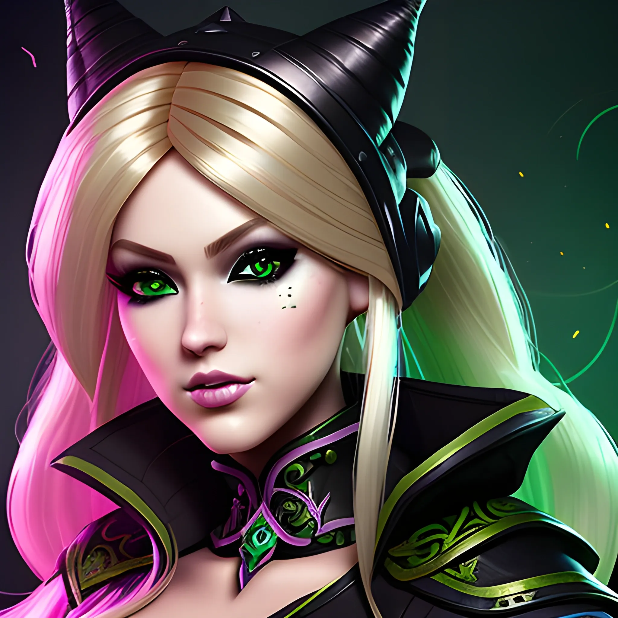 A hyper detailed, gaming style portrait of a beautiful woman, with beautiful barbie face, who is a character in a game like Dota 2, about magical adventures, witches and magicians, with blondie hair, wearing a fantasy style dark green and black wear, wrapped in black lines with beautiful dynamic background