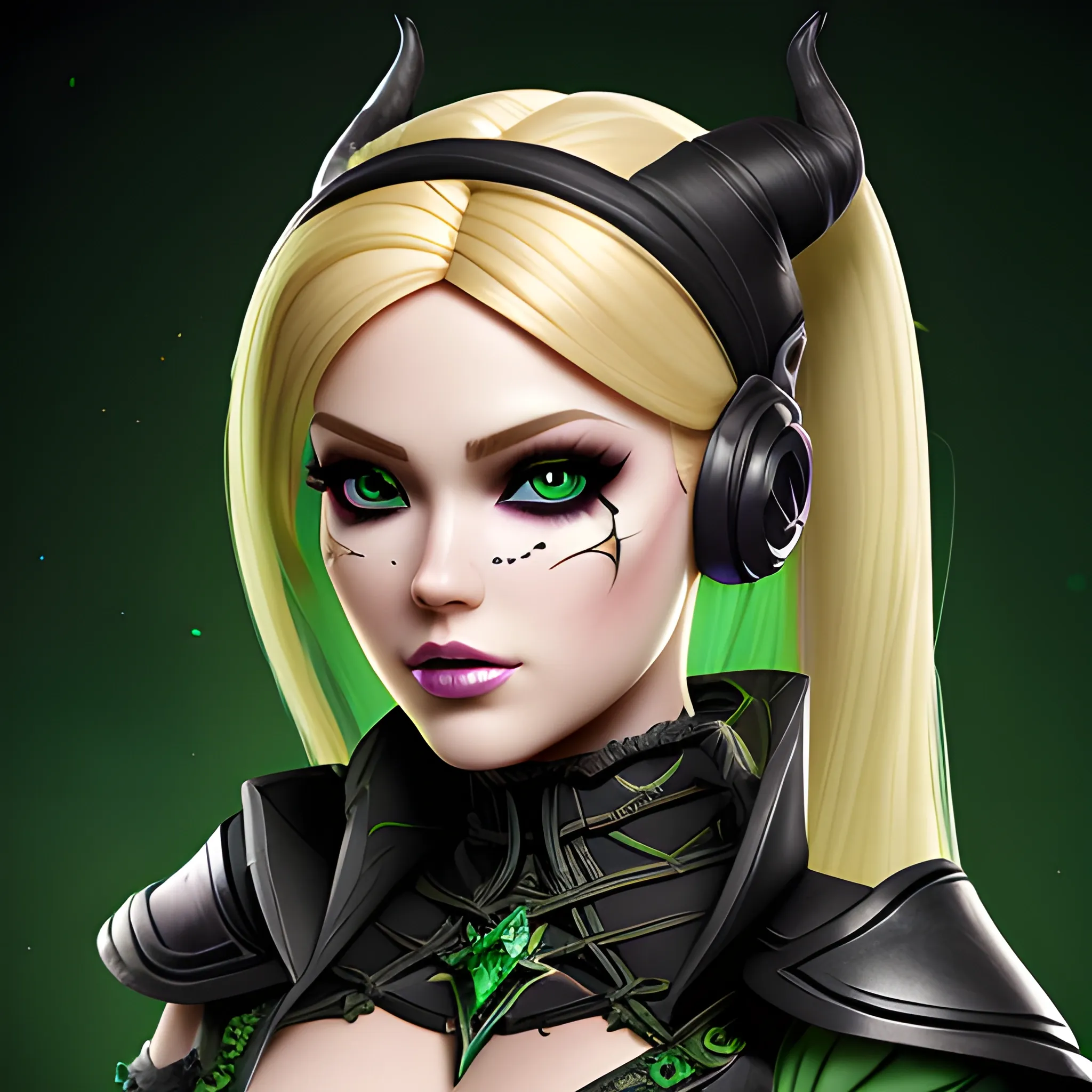 A hyper detailed, gaming style portrait of a beautiful woman, with beautiful barbie face, who is a character in a game like Dota 2, about magical adventures, witches and magicians, with blondie hair, wearing a fantasy style dark green and black wear, wrapped in black lines with beautiful dynamic background