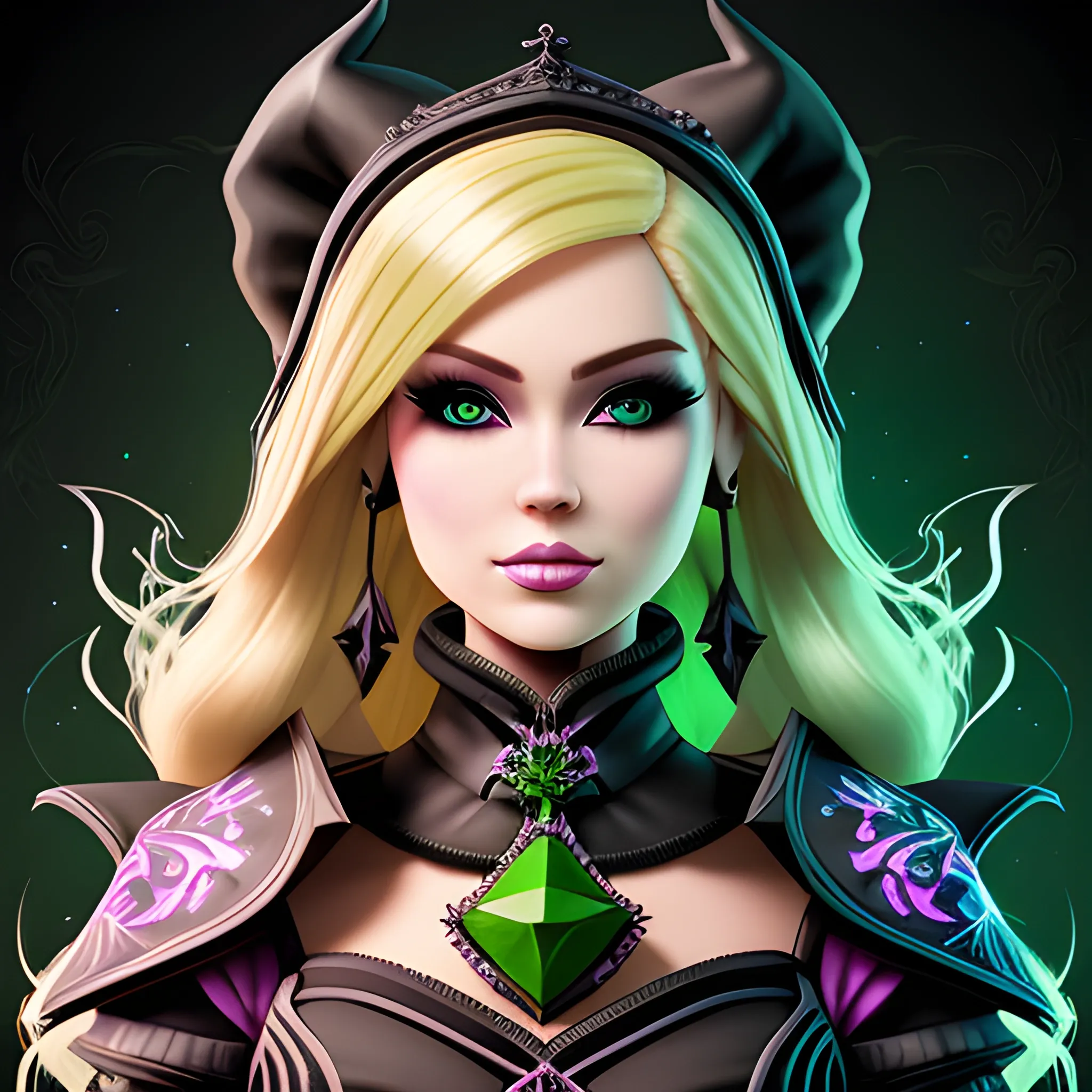 A hyper detailed, gaming style portrait of a beautiful woman, with beautiful barbie face, who is a character in a game like Dota 2, about magical adventures, witches and magicians, with blondie hair, wearing a fantasy style dark green and black wear, wrapped in black lines with beautiful dynamic background