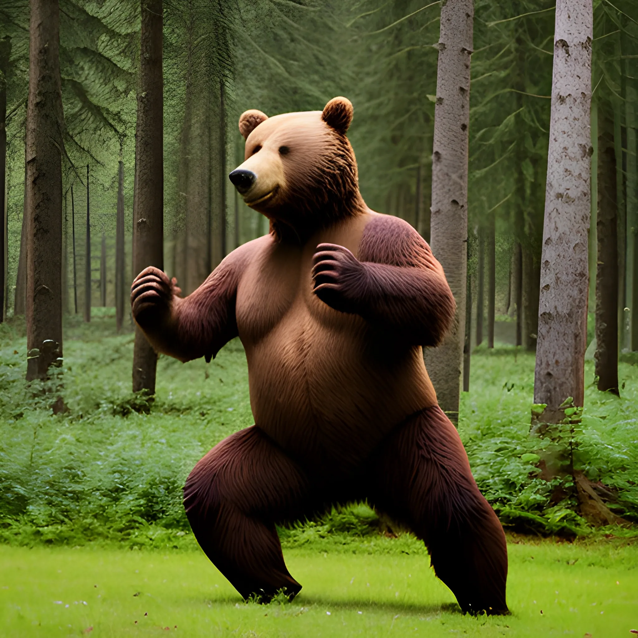 bear with human face dancing on a glade