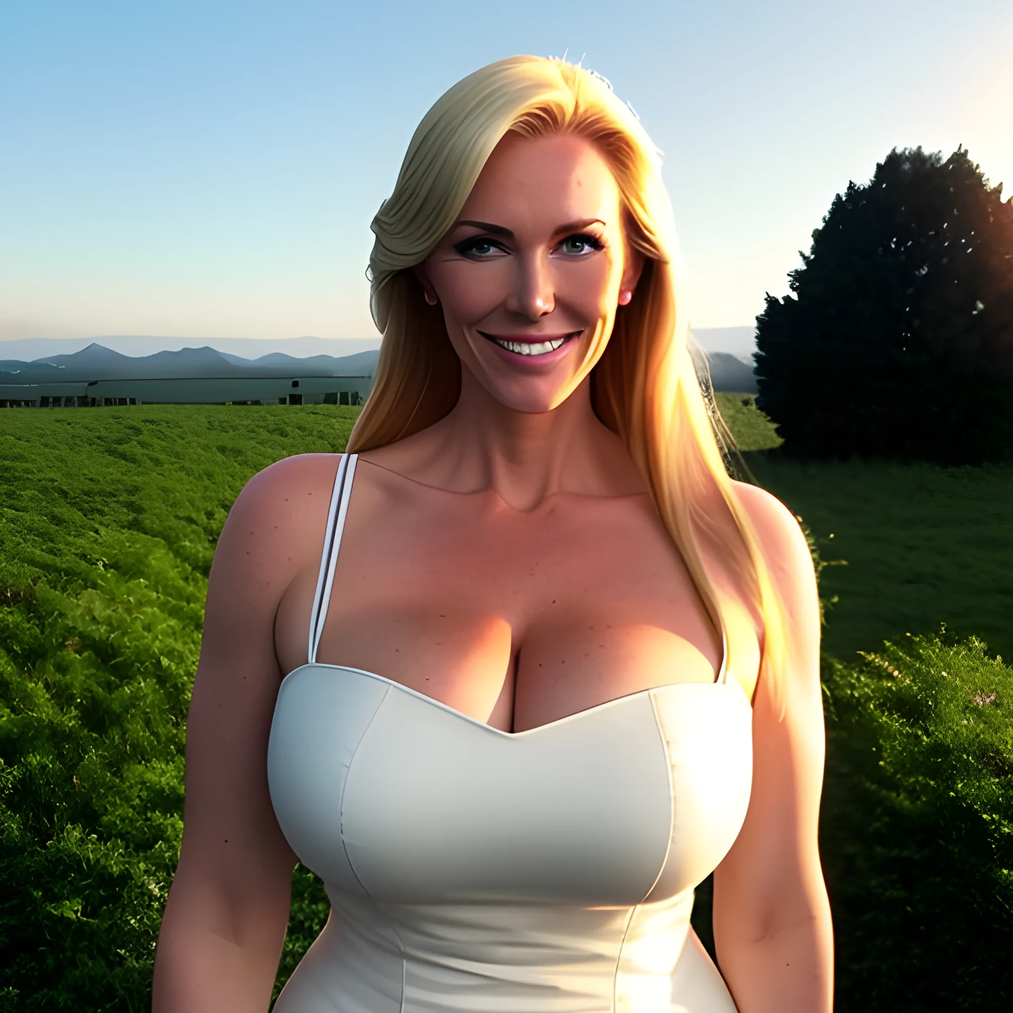 very tall, robust, straightbodied, not curvy at all, gently smiling blonde girl standing under clouds with rising sun 