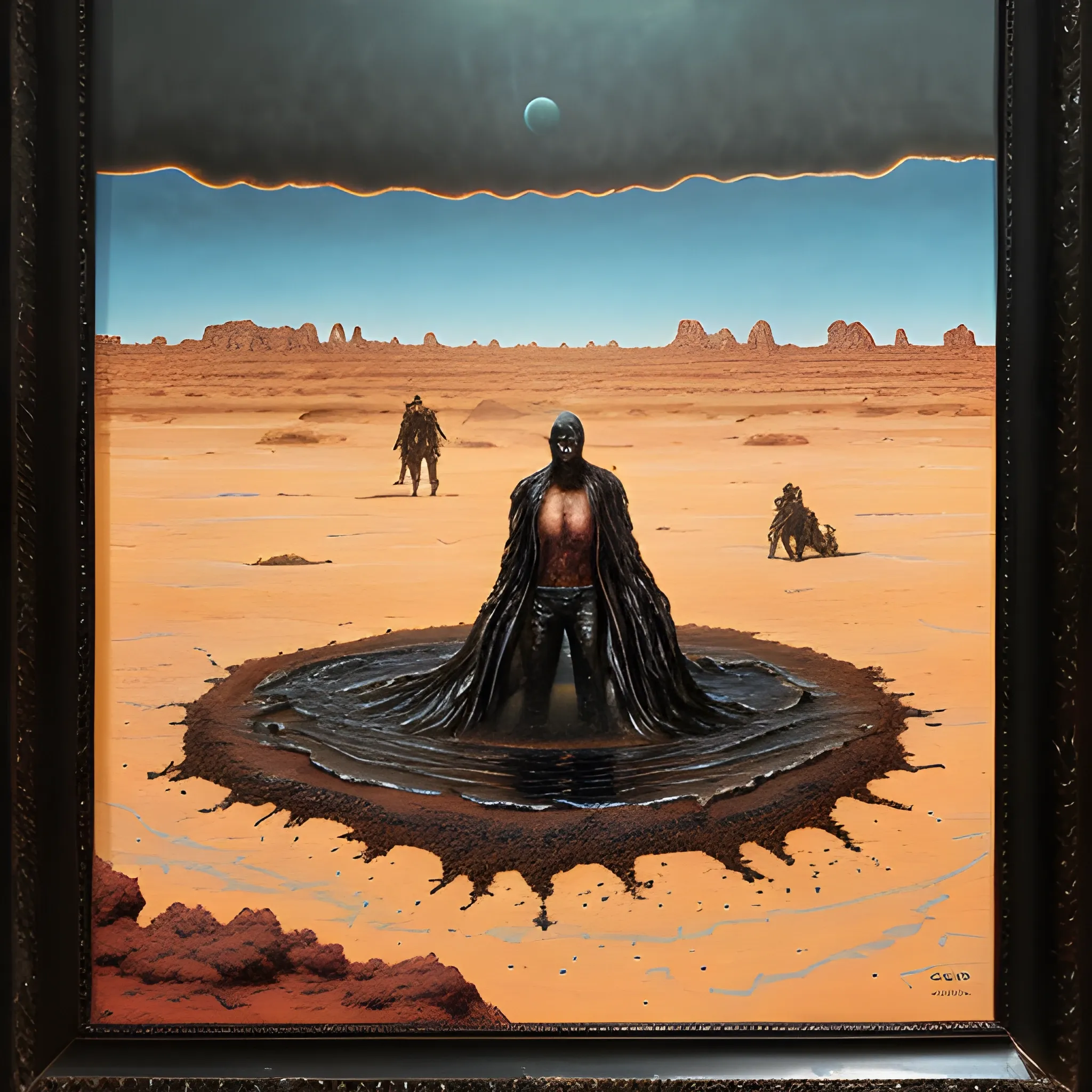 an oil painting of a man emerging from black ooze in a desert, wild west, surreal, 80s fantasy, in the style of panos cosmatos, stanley kubrick  