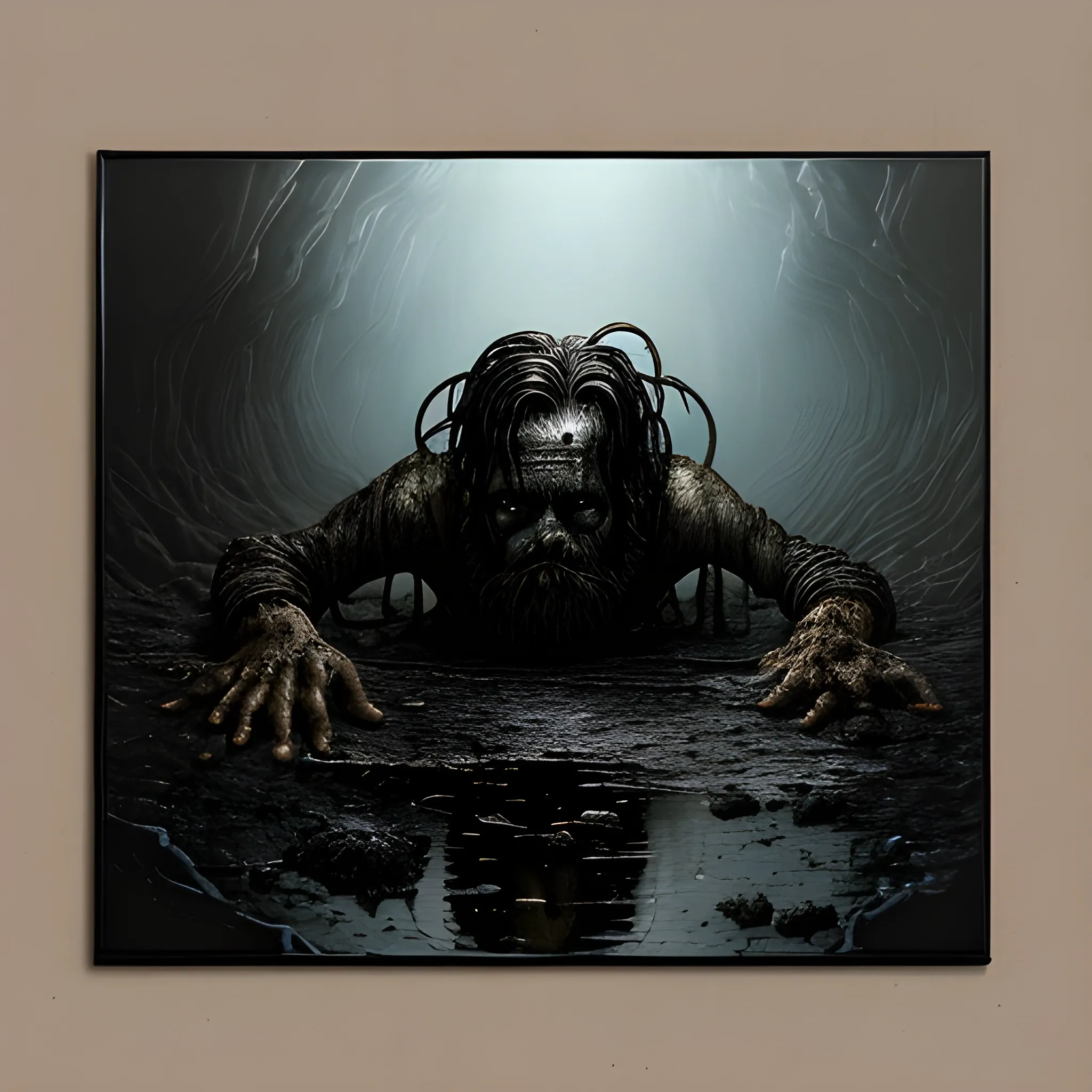 high quality print of an oil painting of a man crawling from a puddle of black ooze in a cave, wild west, surreal, sinister, bizarre, chiaroscuro, 80s fantasy, in the style of panos cosmatos, stanley kubrick