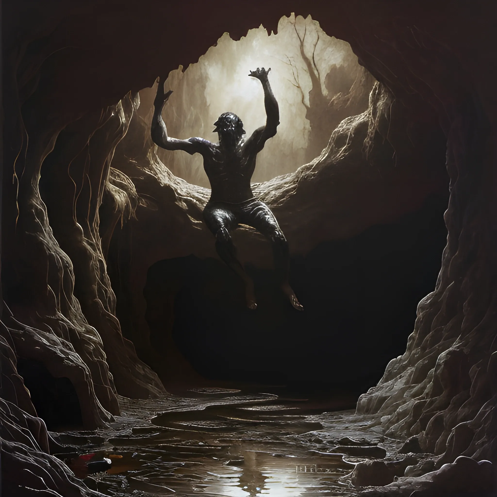 oil painting of a man crawling from a puddle of black ooze in a cave, wild west, surreal, sinister, bizarre, chiaroscuro, 80s fantasy, in the style of panos cosmatos, stanley kubrick, William adolphe Bouguereau, high quality, 4k, intricately detailed