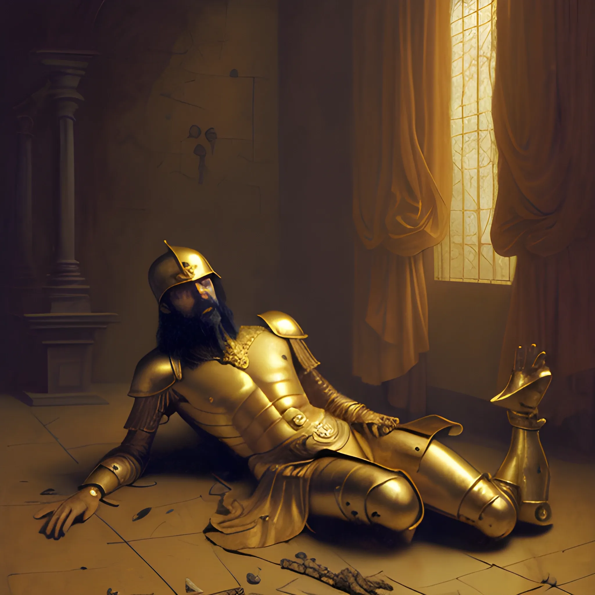 oil painting of a dead conquistador in golden armour laying on the floor, surreal, sinister, chiaroscuro, 80s fantasy, in the style of panos cosmatos, stanley kubrick, William adolphe Bouguereau, high quality, 4k, intricately detailed