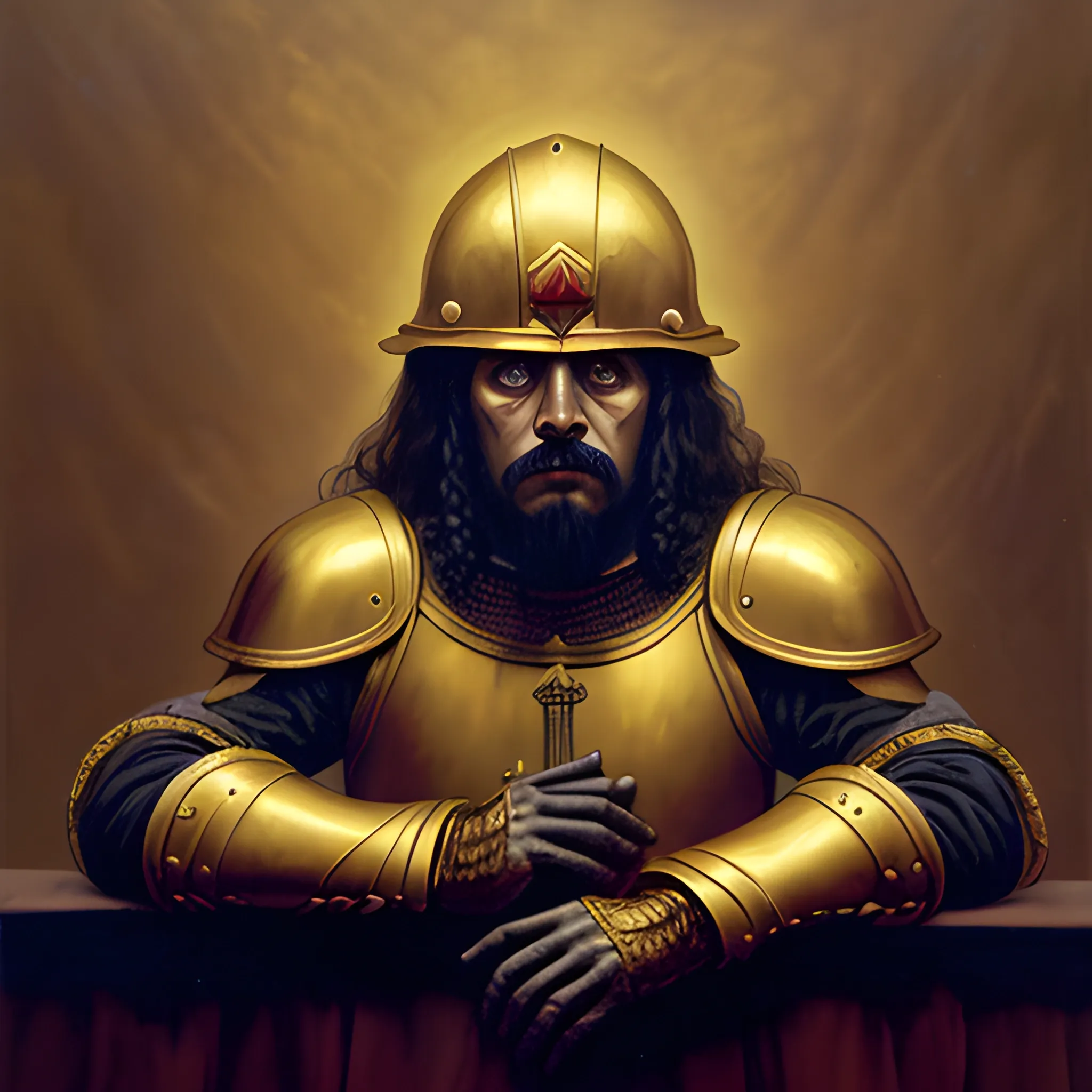 oil painting of a conquistador with a golden helmet slumped dead, sinister, chiaroscuro, 80s fantasy, in the style of panos cosmatos, stanley kubrick, high quality, 4k, intricately detailed