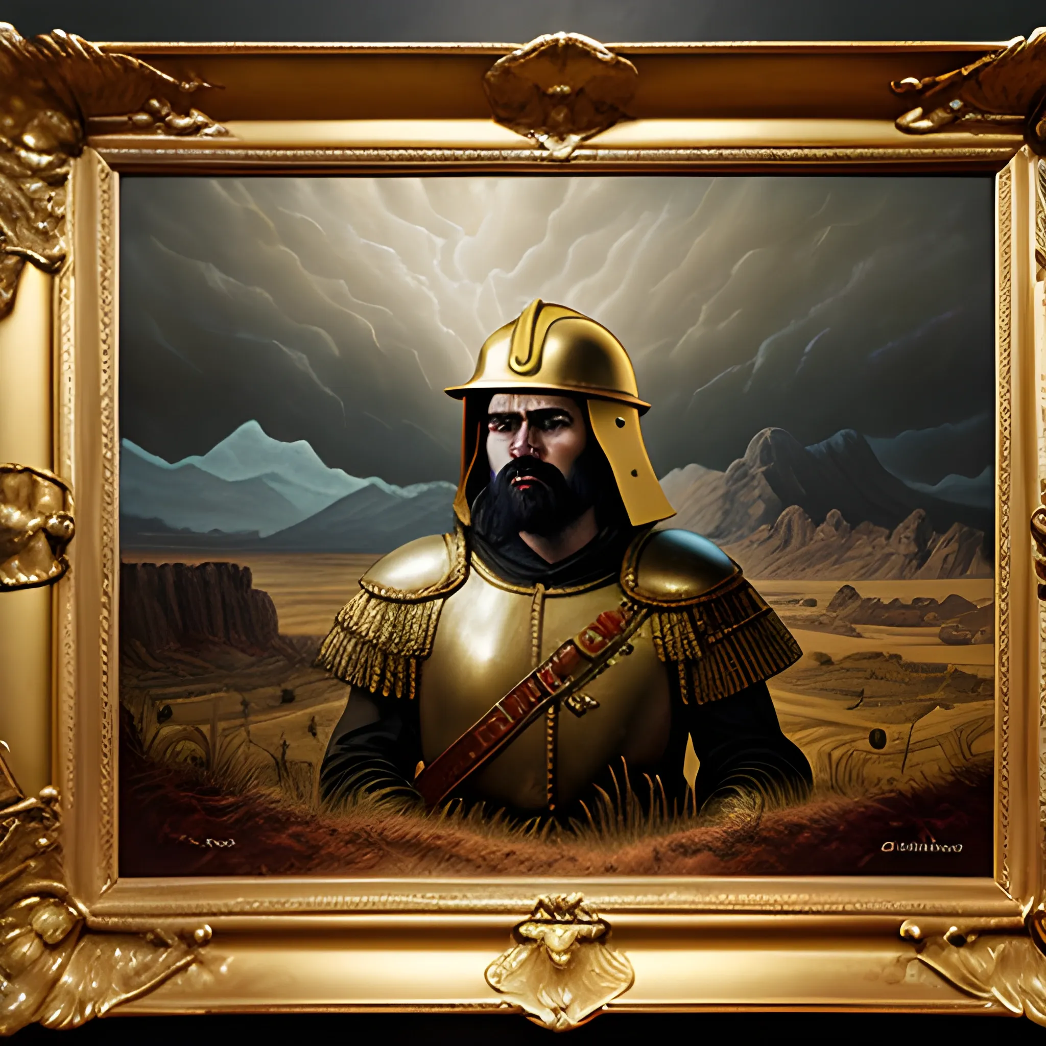 oil painting of a landscape containing a conquistador with a golden helmet slumped dead, sinister, chiaroscuro, 80s fantasy, in the style of panos cosmatos, stanley kubrick, high quality, 4k, intricately detailed