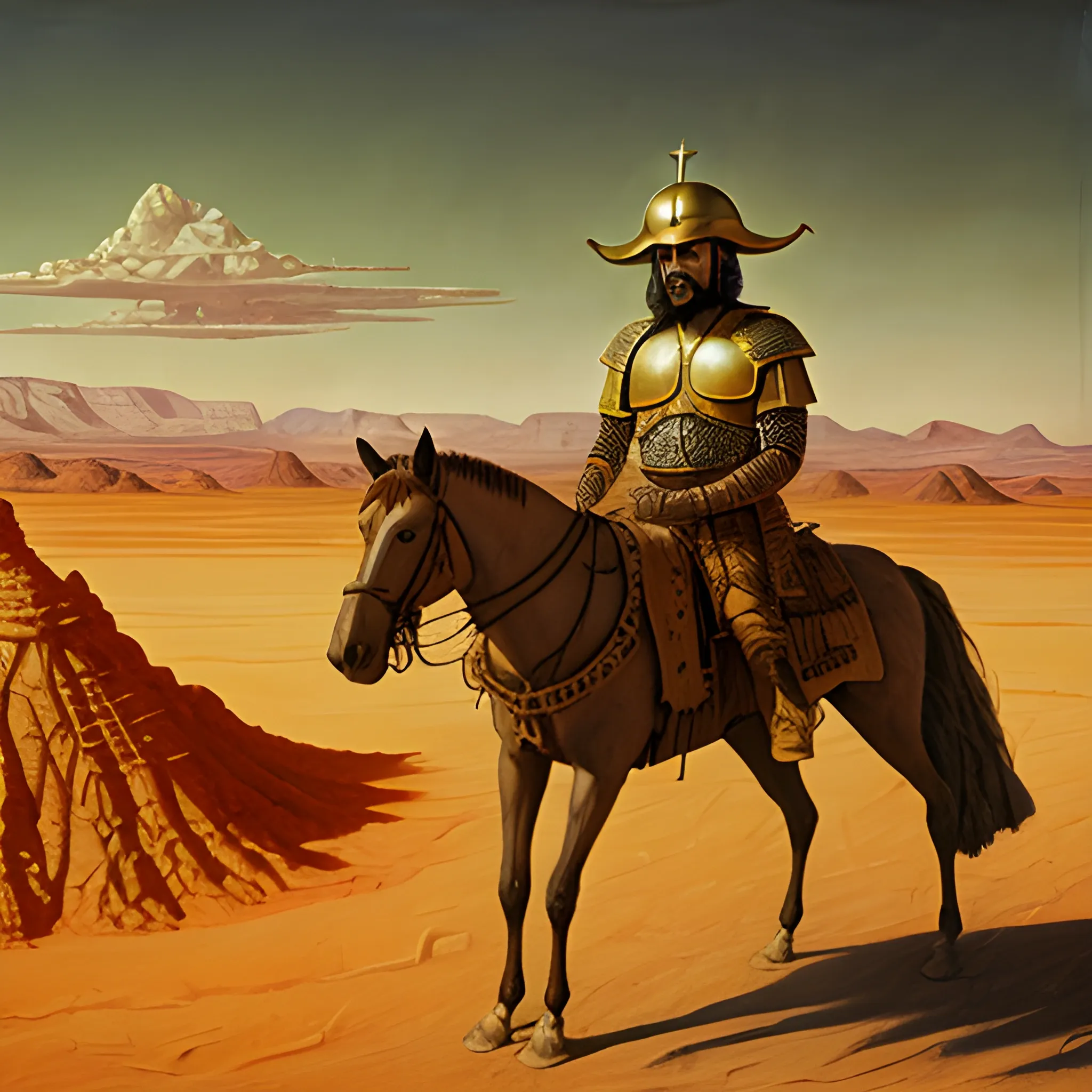 oil painting of a desert landscape containing a conquistador in a golden helmet slumped dead, sinister, chiaroscuro, 80s fantasy, in the style of panos cosmatos, stanley kubrick, high quality, 4k, intricately detailed