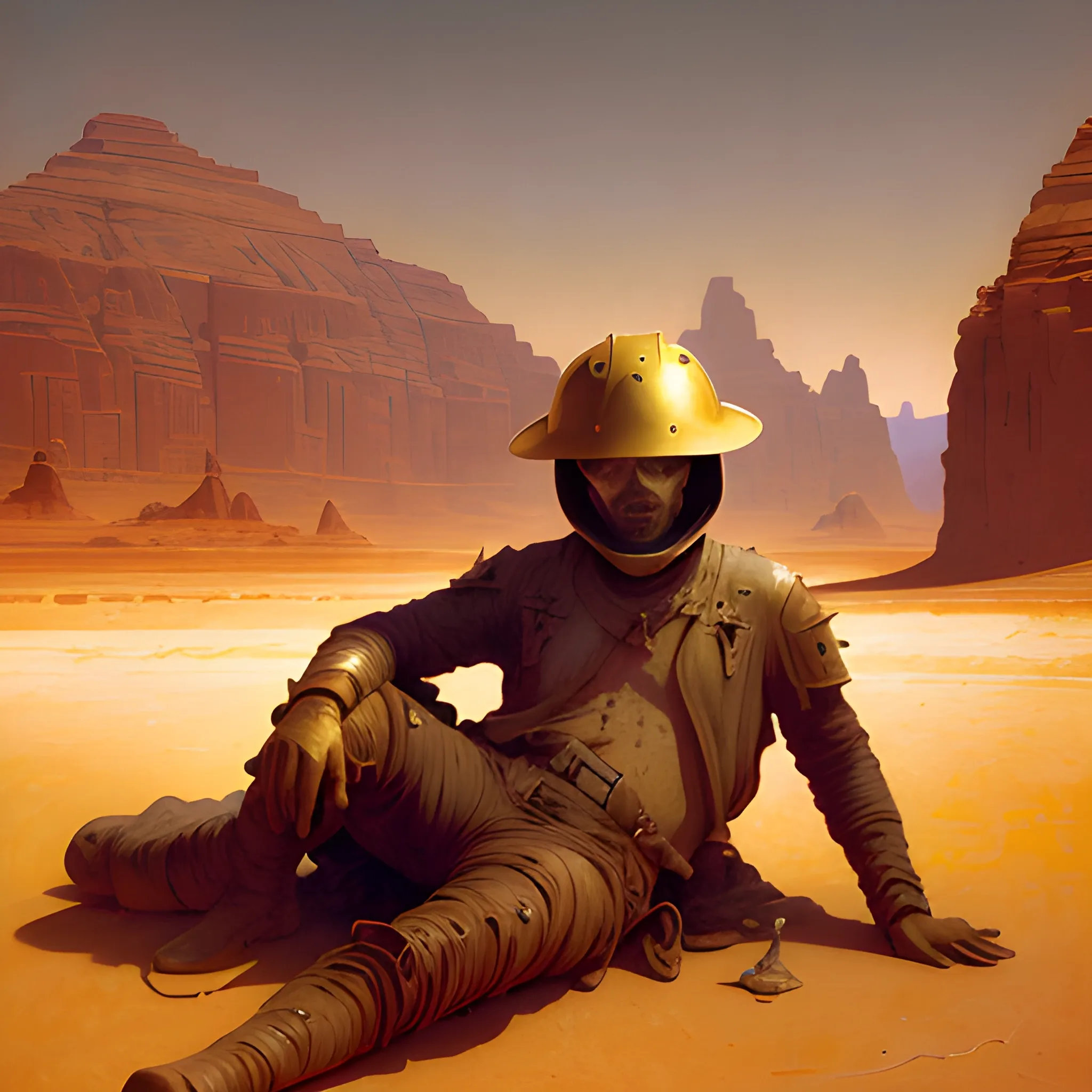 improbable neon, William adolphe Bouguereau, ominous, desert landscape, emblem,  glistening golden helmet on a fallen soldier, dirt. oil painting, cowboy in the foreground, in by a red mesa at dusk, Zdzislaw Beksinski, 3:4 ratio, 8 k movie still, very very intricate, sci-fi fantasy, scholarly