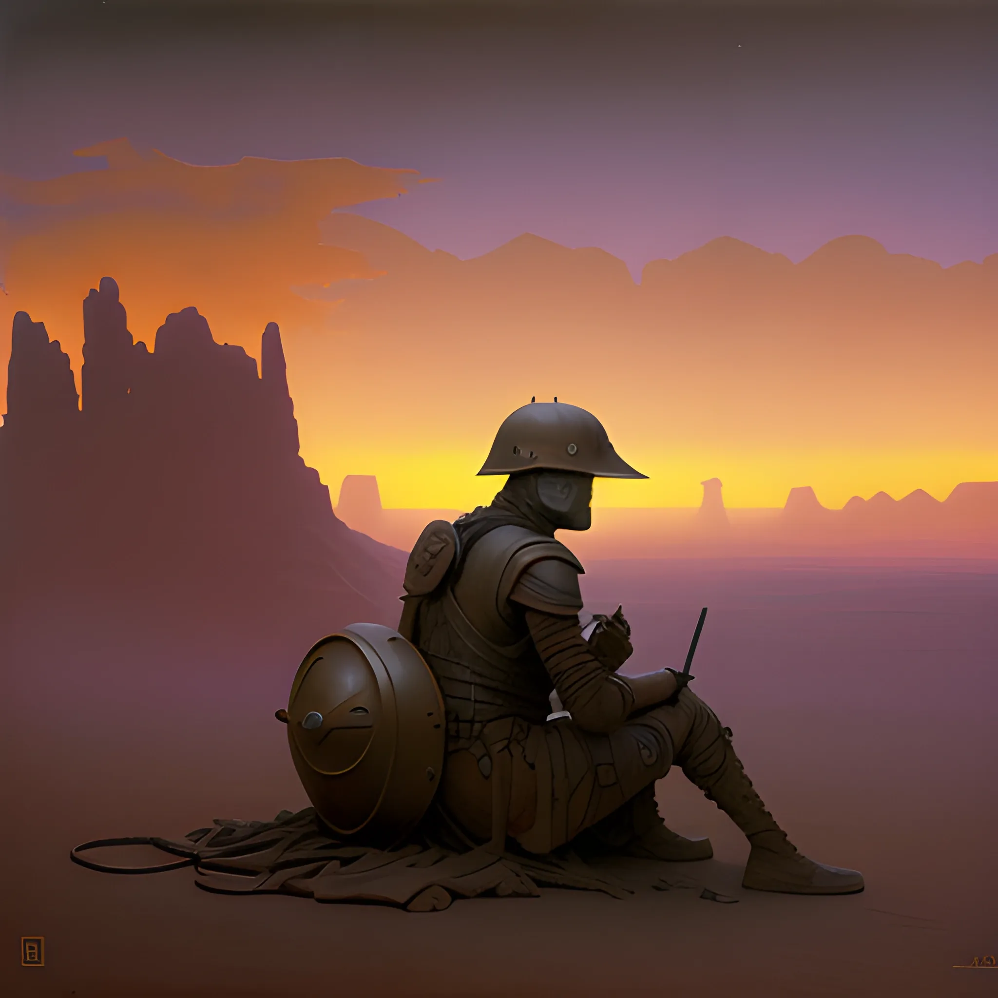 oil painting of an improbable neon, misty, ominous, desert landscape with a glistening golden conquistador helmet on a soldier sat by a red mesa at dusk, in the style of Zdzislaw Beksinski, William adolphe Bouguereau, Roger Deakins, 3:4 ratio, 8 k movie still, very very intricate, sci-fi fantasy, scholarly