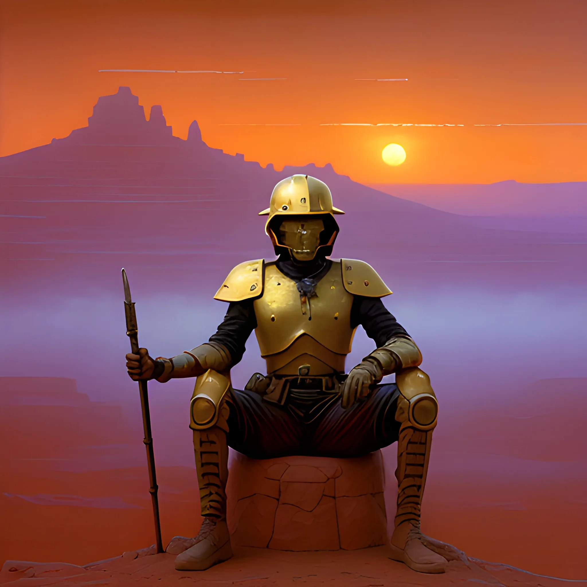 oil painting of an improbable neon, misty, ominous, desert landscape with a glistening golden conquistador helmet on a soldier sat by a red mesa at dusk, in the style of Zdzislaw Beksinski, William adolphe Bouguereau, Roger Deakins, 3:4 ratio, 8 k movie still, very very intricate, fantasy, scholarly