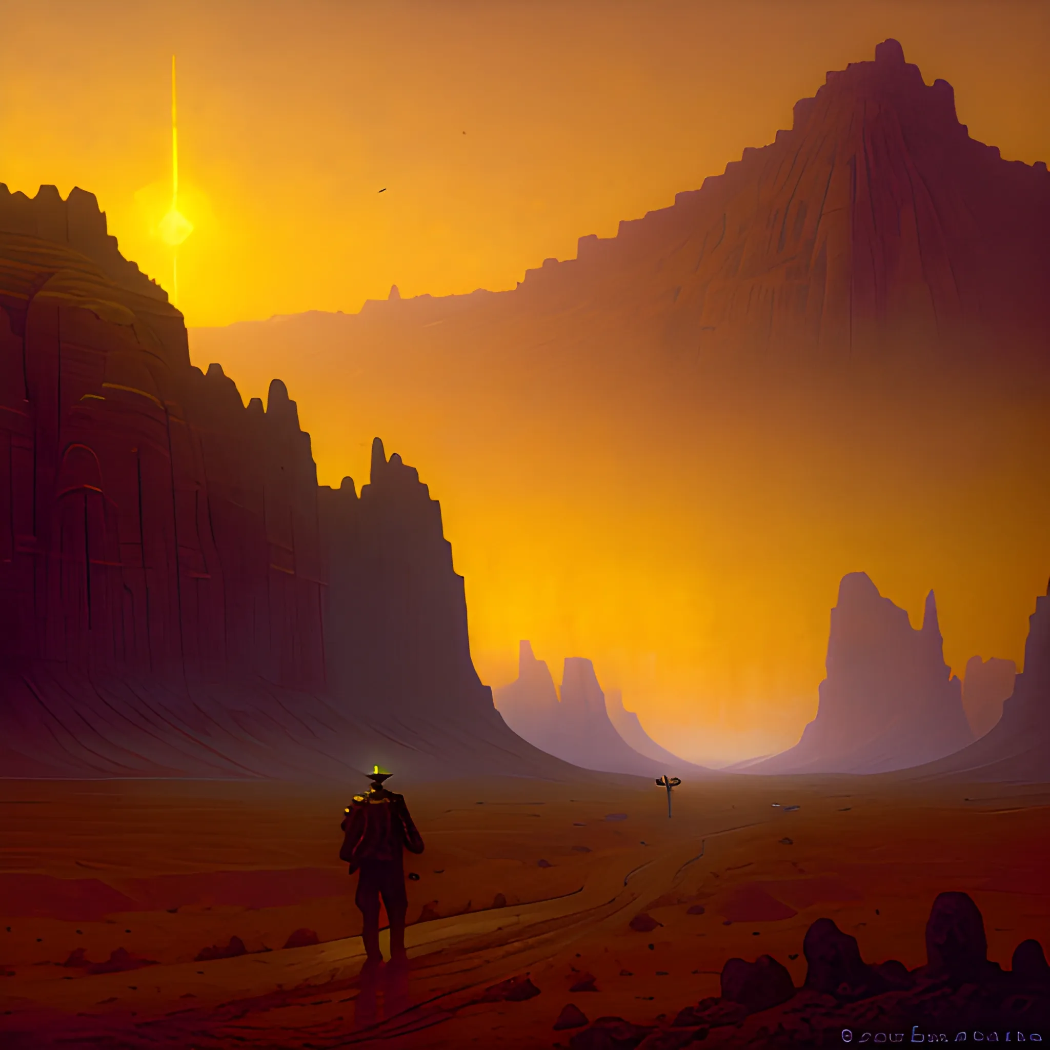 oil painting of an improbable neon, misty, ominous, wide desert landscape with a small glistening golden conquistador helmet on a soldier slumped sleeping, red mesa at dusk, in the style of Zdzislaw Beksinski, William adolphe Bouguereau, Roger Deakins, 3:4 ratio, 8 k movie still, very very intricate, fantasy, scholarly