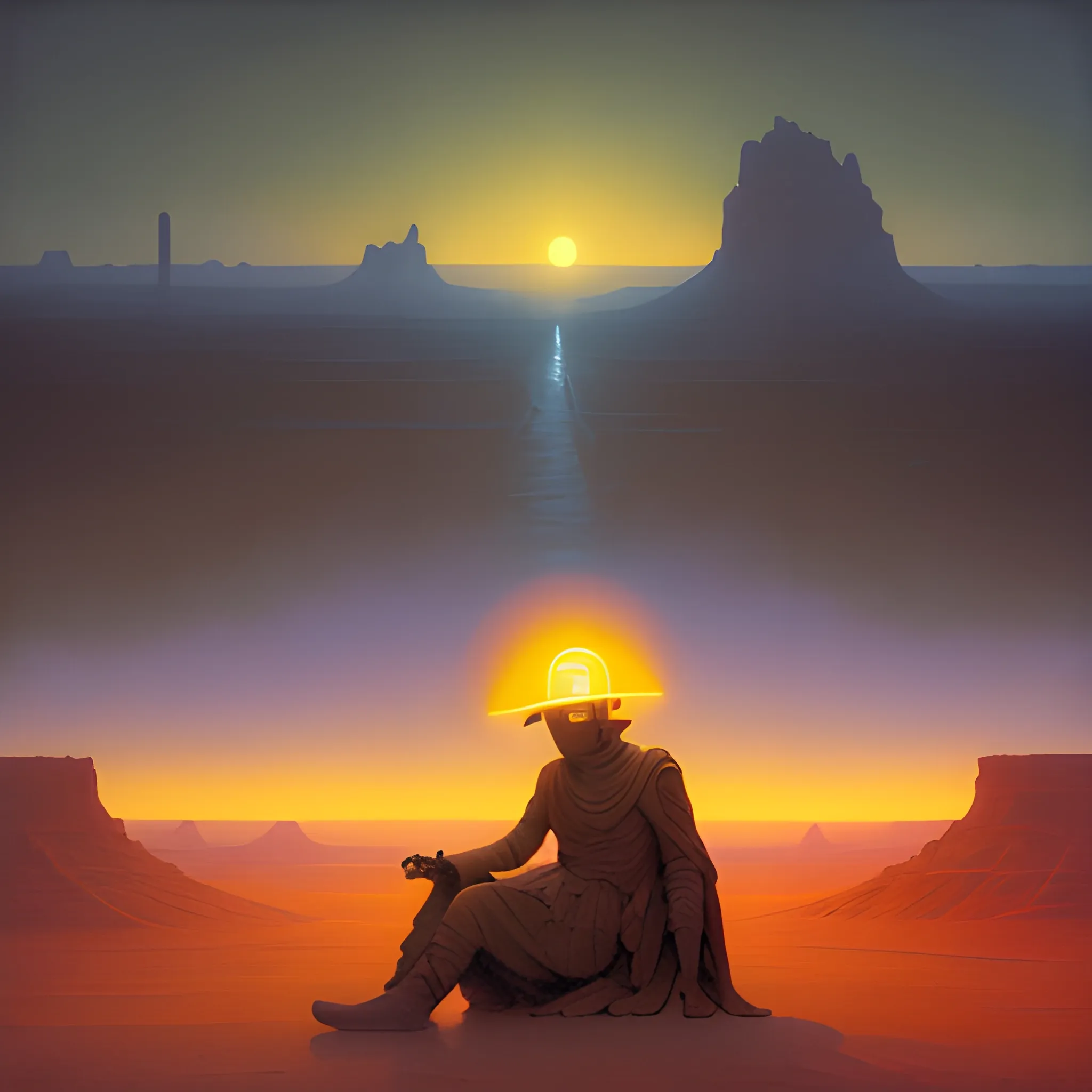 oil painting of an improbable neon, misty, ominous, wide desert landscape with a far away man slumped sleeping with a  glistening golden helmet on, red mesa at dusk, in the style of Zdzislaw Beksinski, William adolphe Bouguereau, Roger Deakins, 3:4 ratio, 8 k movie still, very very intricate, fantasy, scholarly