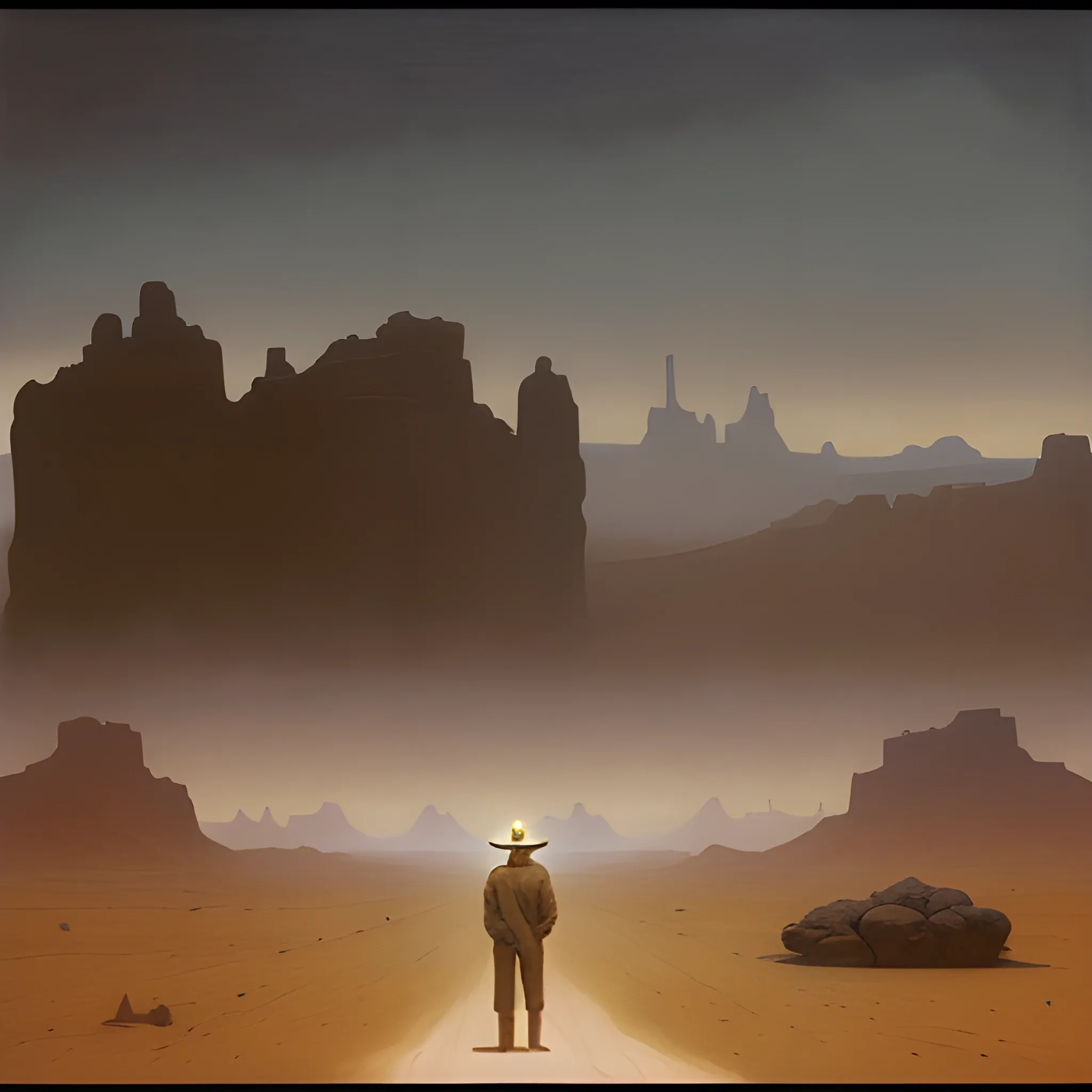 oil painting of a misty, ominous, dusty, wide desert landscape with a man slumped sleeping against a rock with a glistening golden helmet on in the distance, in the style of Zdzislaw Beksinski, William adolphe Bouguereau, Roger Deakins, 80s fantasy, 3:4 ratio, 8 k movie still, very very intricate, fantasy, scholarly