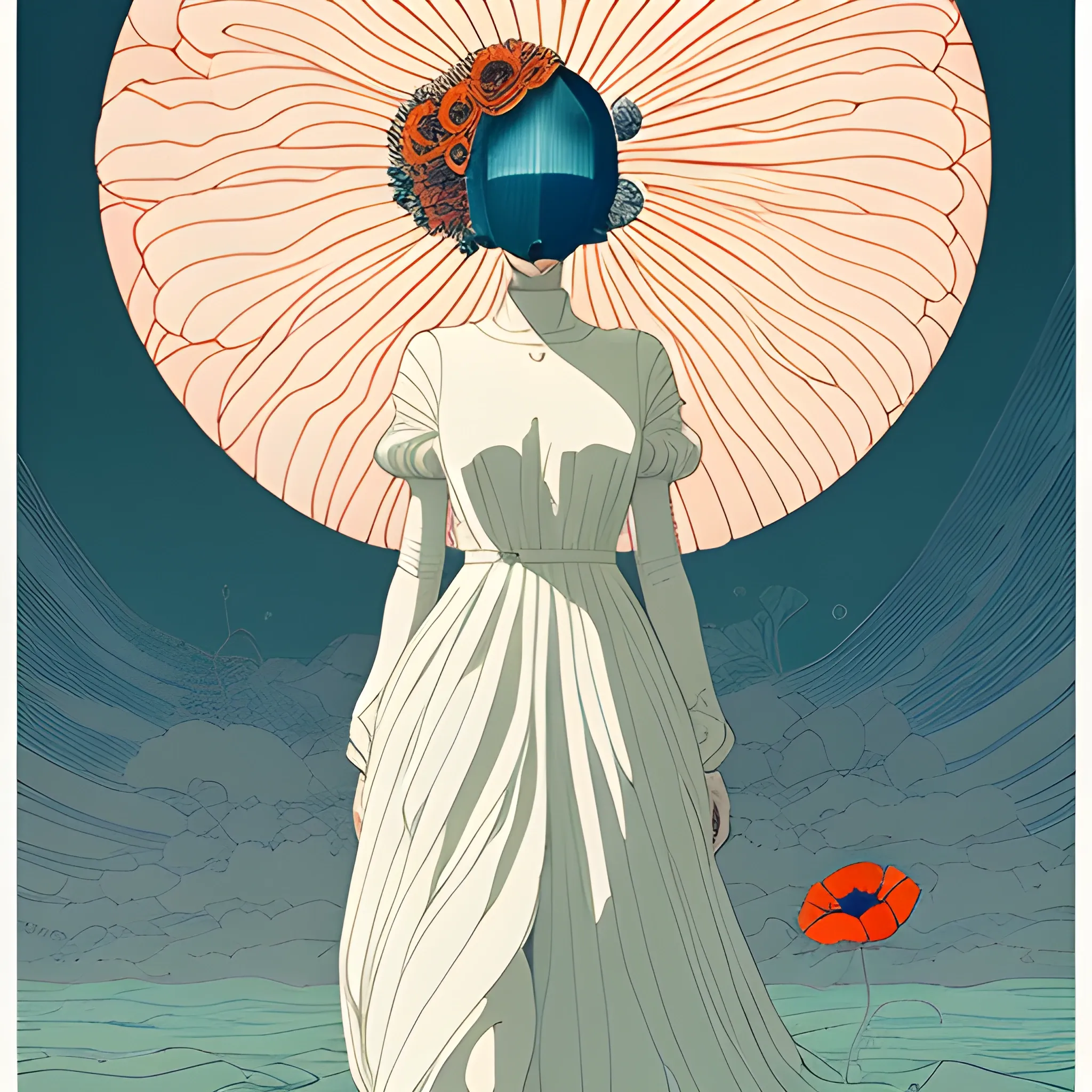 giant poppies flower head, woman white dress walking, dramatic light, victo ngai, james jean, moebius style, surreal, dramatic light, inking lines, Water soft Color