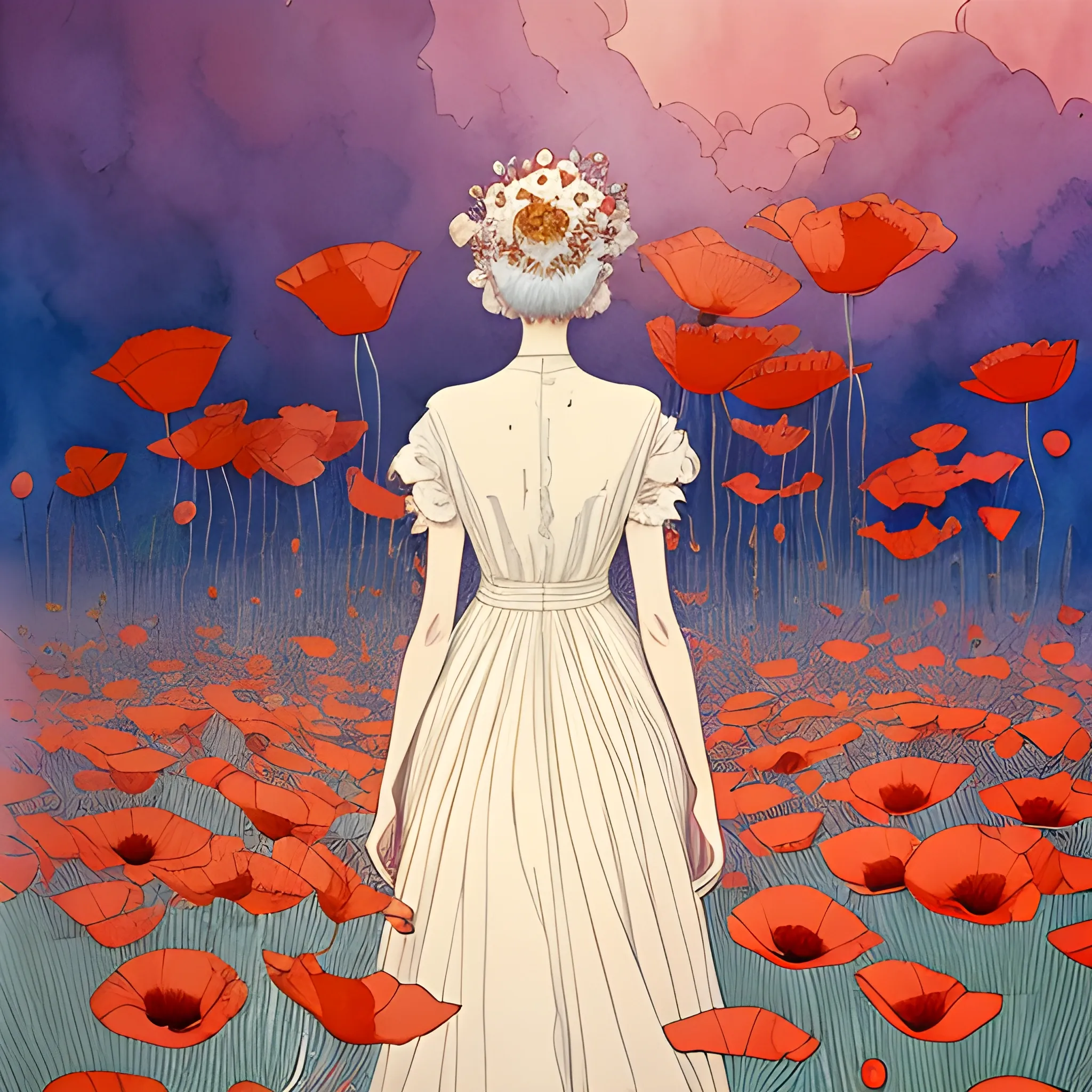 hundreds of giant poppies flower head, woman white dress walking, dramatic light, victo ngai, james jean, moebius style, surreal, dramatic light, inking lines, Water soft Color, Water Color
