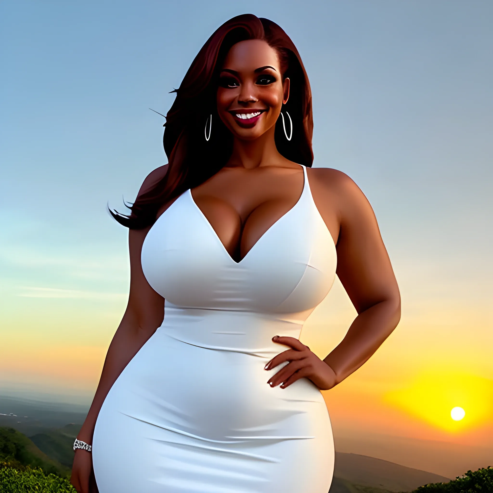 tantalizing, very tall, robust. straight, not curvy, pretty young blonde girl in tight short white dress standing on a caribian hill with gentle smile under clouds and rising sun  