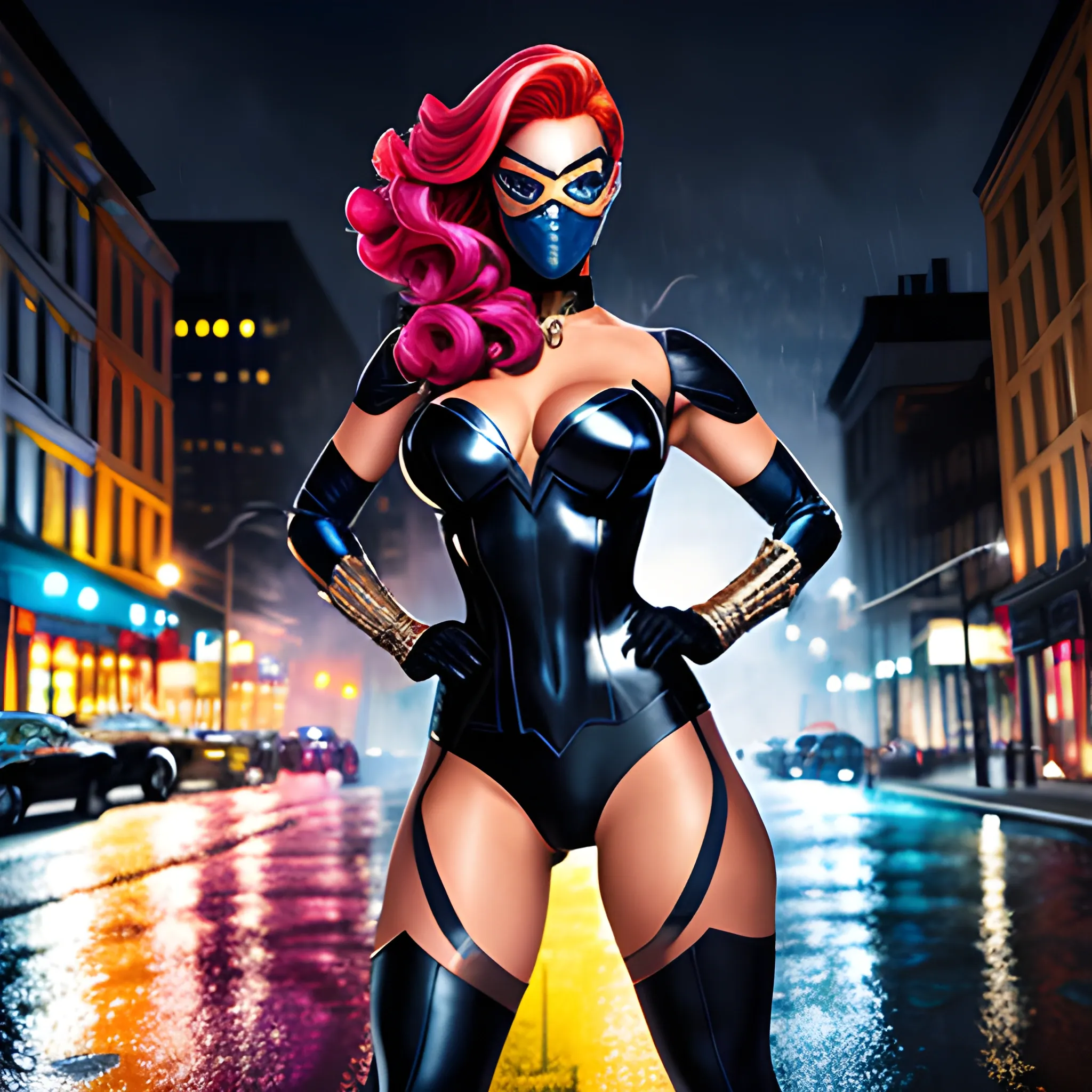 DC comics´ style young superhero girl,  background of the center of the city in a rainy night, colourfull hair, intricate hairstyle, design with gloves, mask, combat boots and tights,  light eyes and dark skin,  dark secondary colors range, no primary colors.