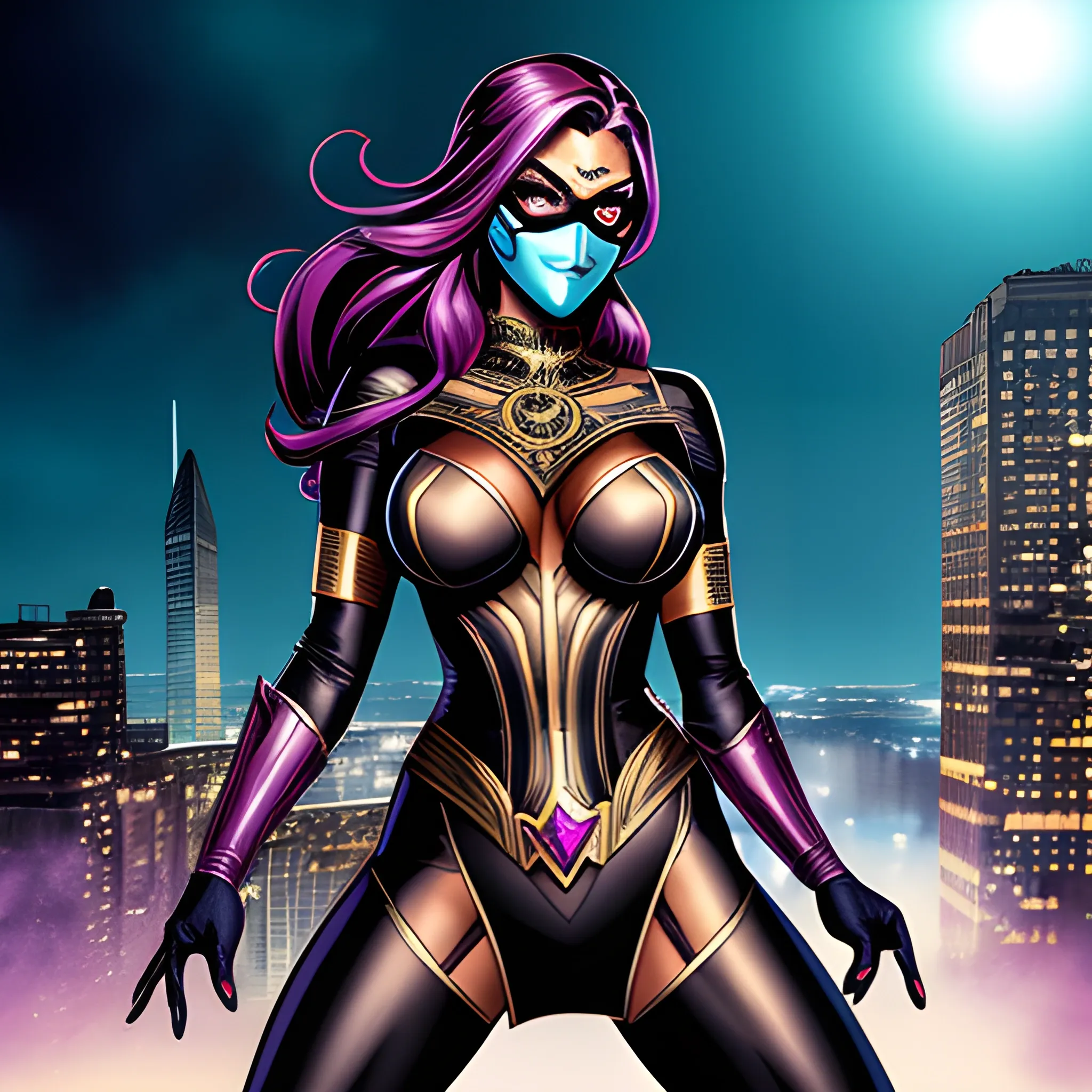 DC comics´ style sweet looking young superhero girl,  background of a city in the day, intricate hairstyle, mystical looking design, really detailed, with gloves, mask, combat boots and tights,  light eyes and dark skin,  dark secondary colors range mostly