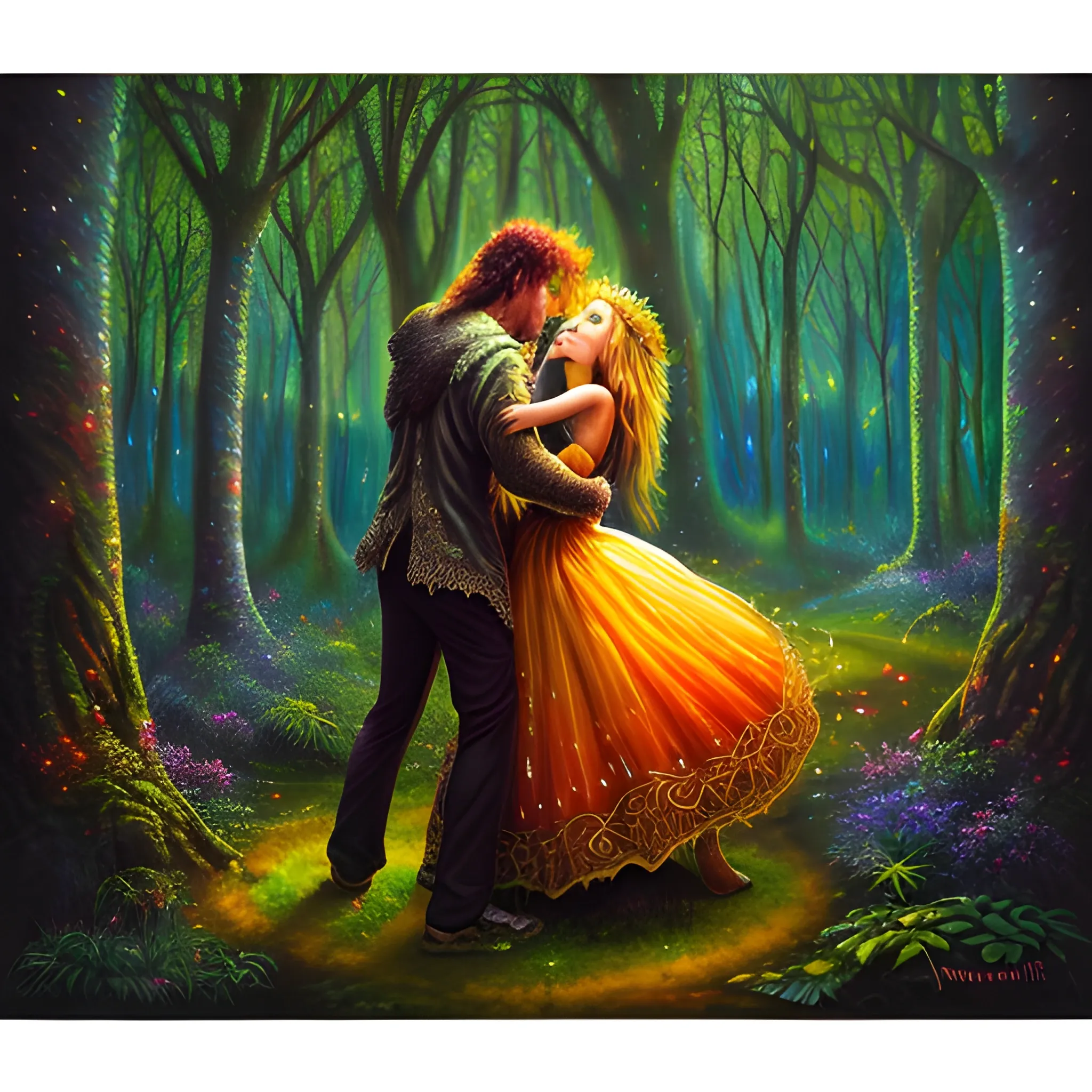 In the heart of the enchanted forest, the DJ conjures melodies that lure mythical creatures from hibernation. The drums' resounding pulse harmonizes with the whispers of trees, creating an otherworldly symphony. Lose yourself in nature's most mesmerizing dance., Oil Painting