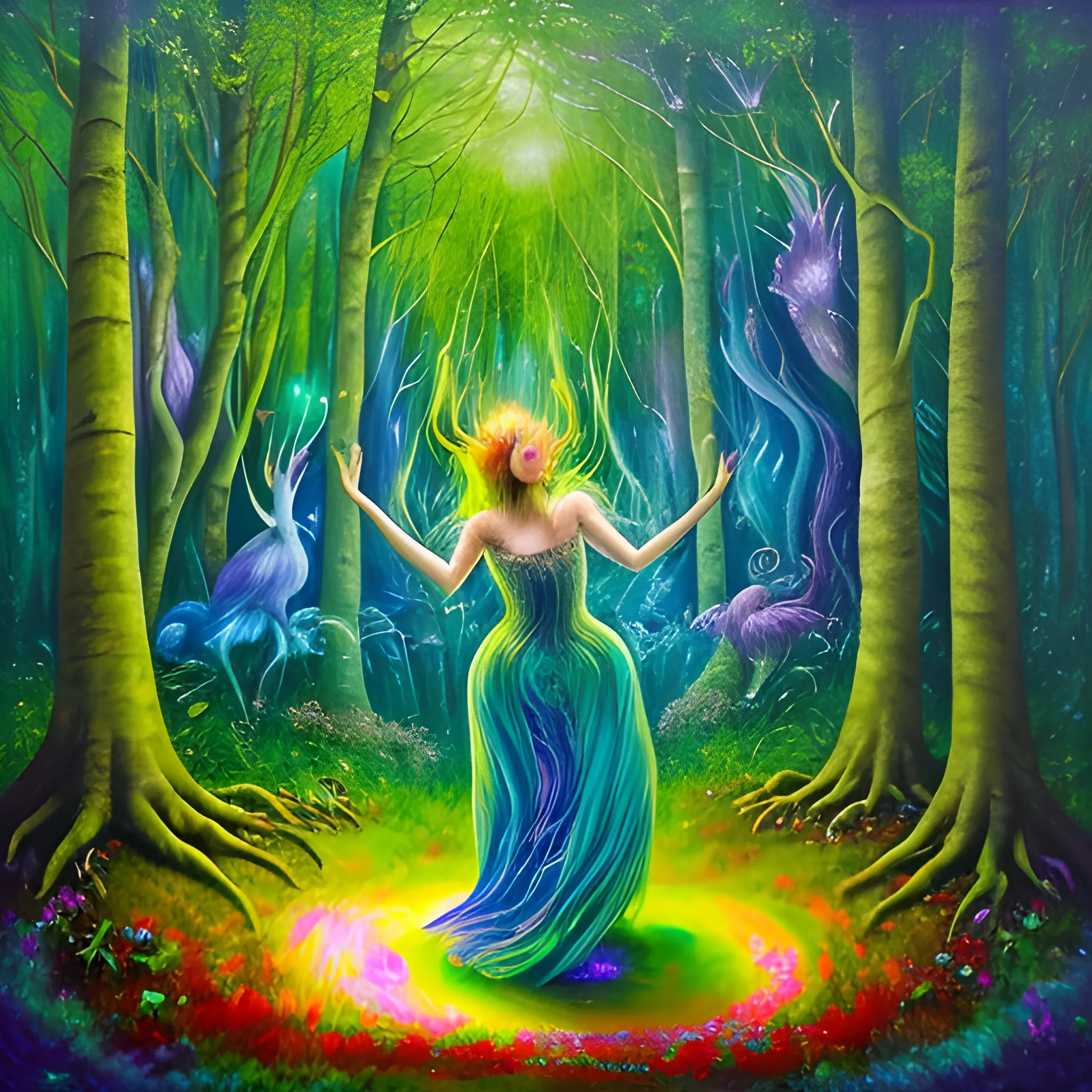 In the heart of the enchanted forest, the DJ conjures melodies that lure mythical creatures from hibernation. The drums' resounding pulse harmonizes with the whispers of trees, creating an otherworldly symphony. Lose yourself in nature's most mesmerizing dance., Oil Painting, Trippy, Water Color