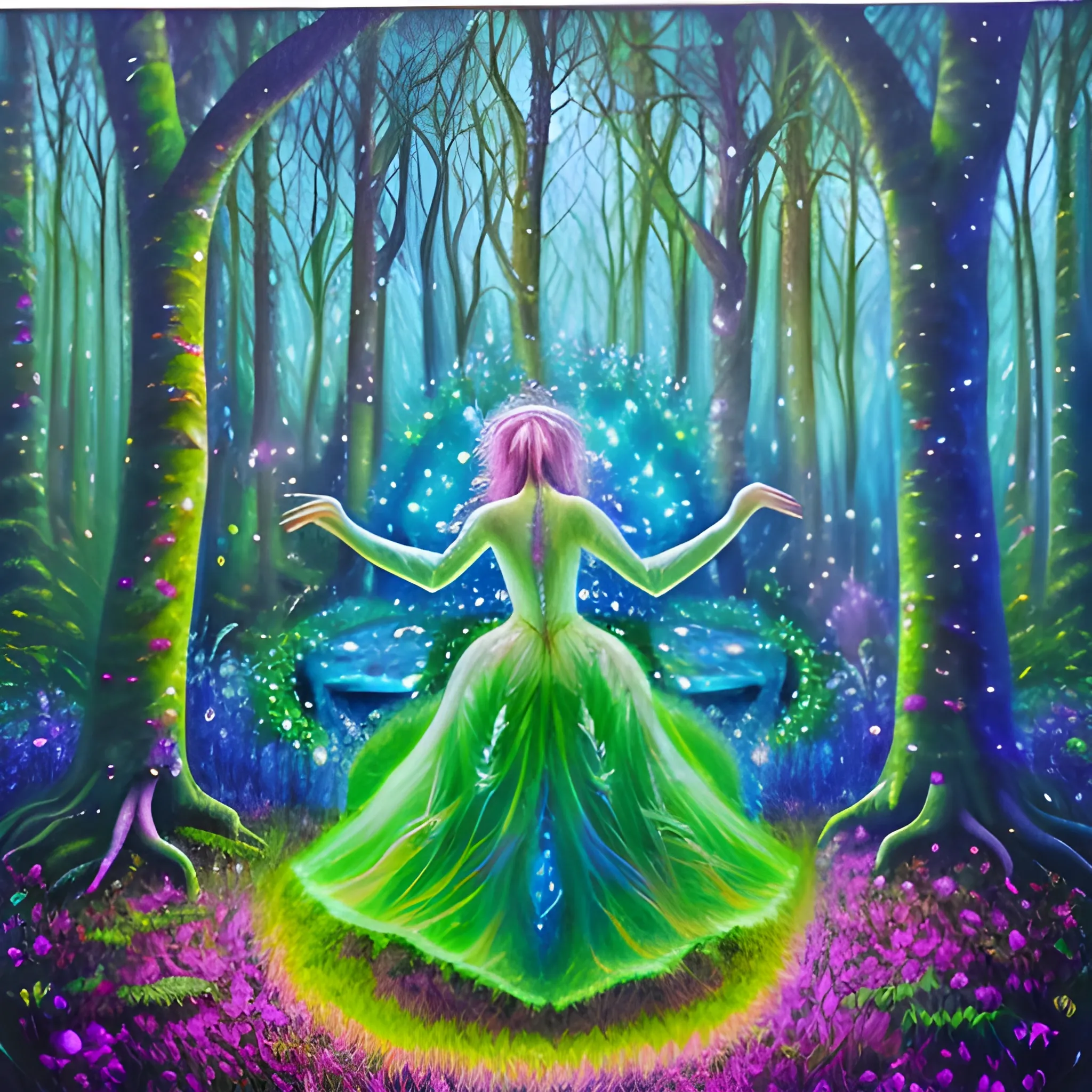 In the heart of the enchanted forest, the DJ conjures melodies that lure mythical creatures from hibernation. The drums' resounding pulse harmonizes with the whispers of trees, creating an otherworldly symphony. Lose yourself in nature's most mesmerizing dance., Oil Painting, Trippy, Water Color