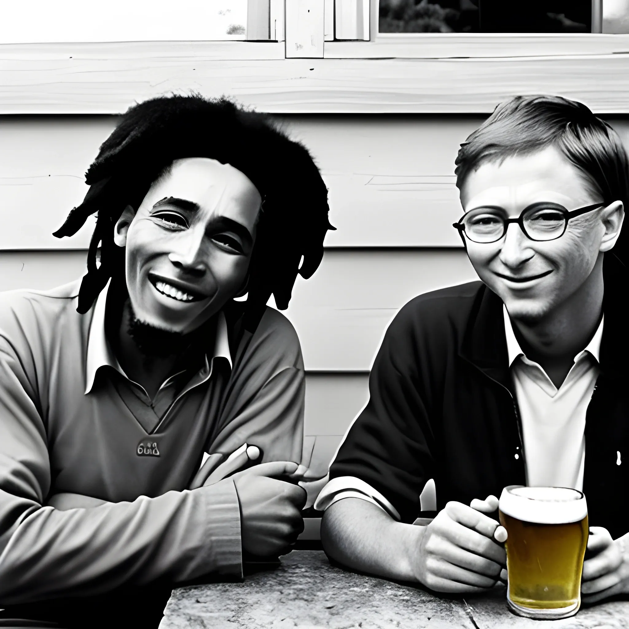 Bob Marley and Bill Gates drinking Beer 