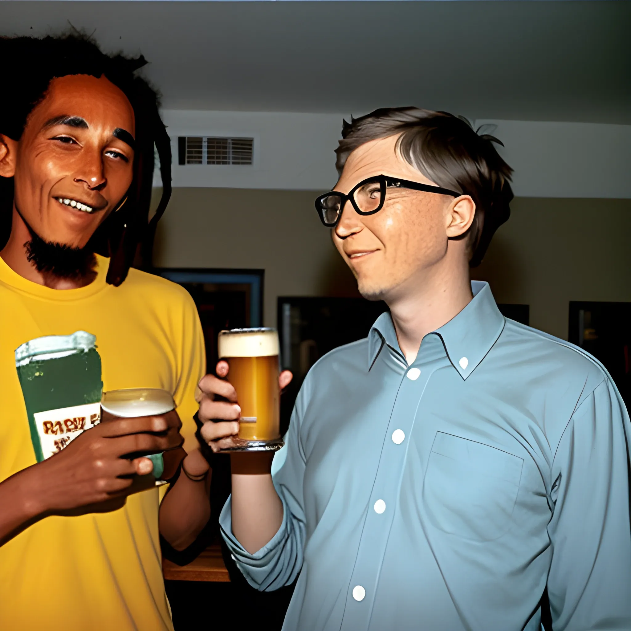 Bob Marley and Bill Gates drinking Beer 