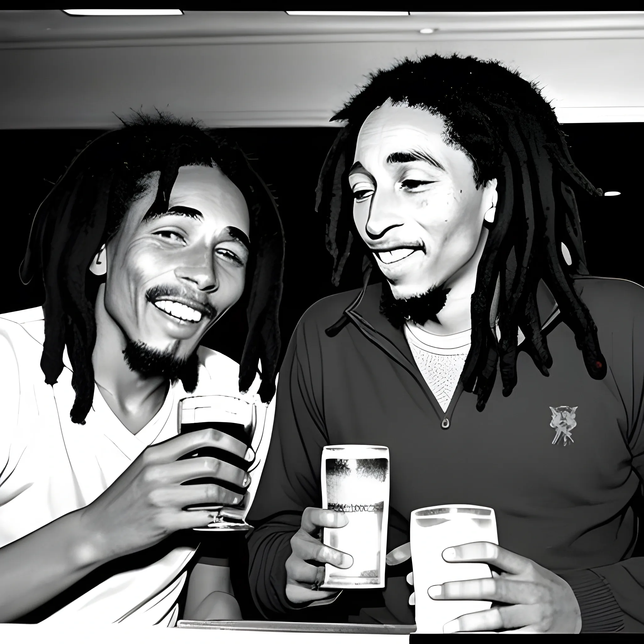 Bob Marley and Bill Gates drinking Beer 