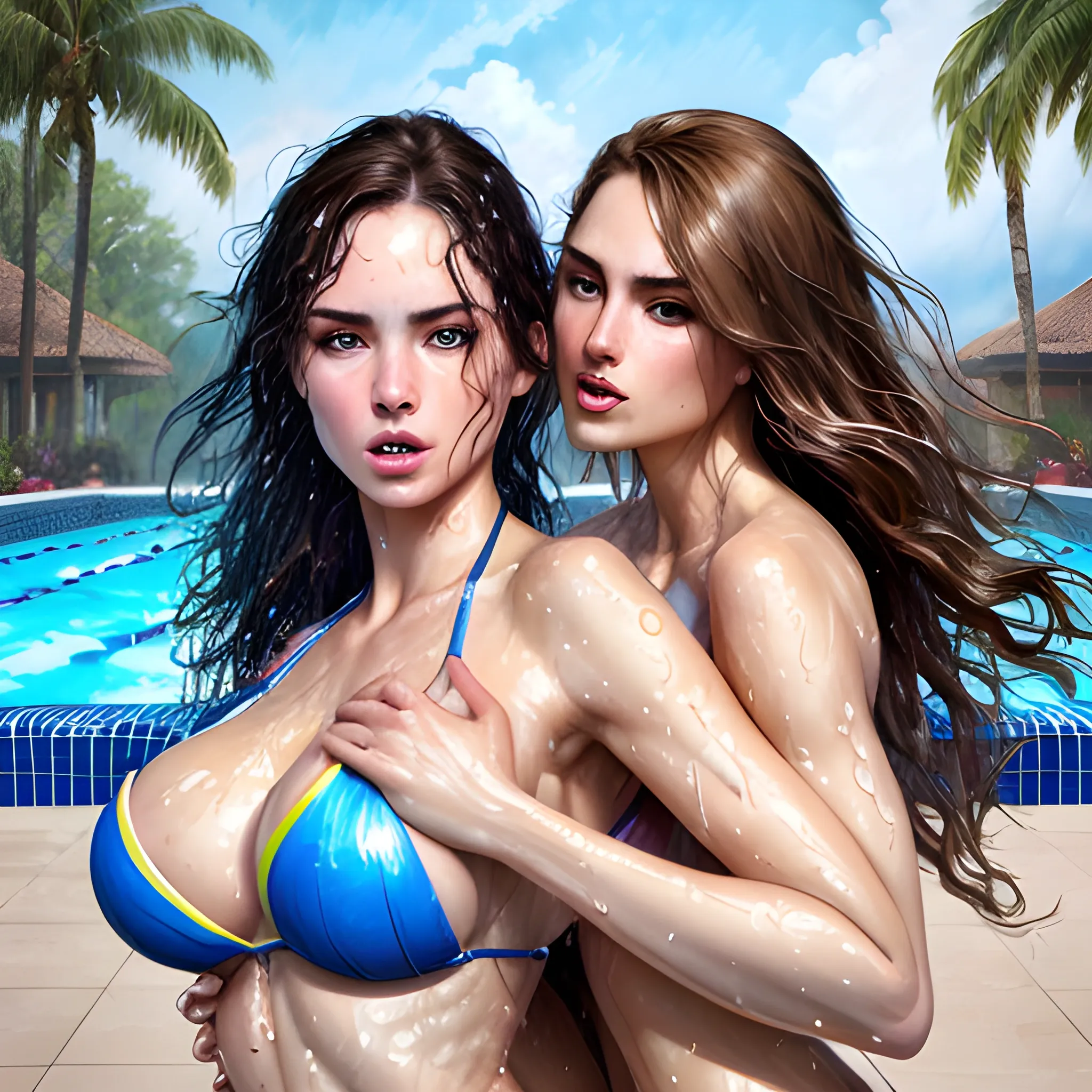 two hyper dynamically different hyper beautiful sports illustrated models both facing viewer one behind the other hyper dynamically flirtatiously hugging the her around the waist and dynamically touching beside pool, hyper dynamic cowboy shot, Fantastic painting portrait masterpiece by Karol Bak, Zhaoming Wu, Akihito Yoshida, bokeh, beautiful hyper dynamic cleavage, hyper dynamically fondling, hyper lover dynamic, hyper dynamic, hyper perfect anatomy, hyper dynamic zoom, hyper enticing dynamic, hyper flirty dynamic, hyper flirtatiously dynamically both facing viewer one behind the other hyper dynamically sports illustrated pose, arched back dynamic, hyper flirty expressions dynamic, pressed together and dynamically touching each other, skin wet from swimming, hyper dynamic wet hair styles, shiny hair, hyper beautiful face, hyper realistic, hyper beautiful face, wearing hyper detailed hyper dynamic hyper revealing pastel bikini, hyper detailed pool side scene background, HD, 8k, photography