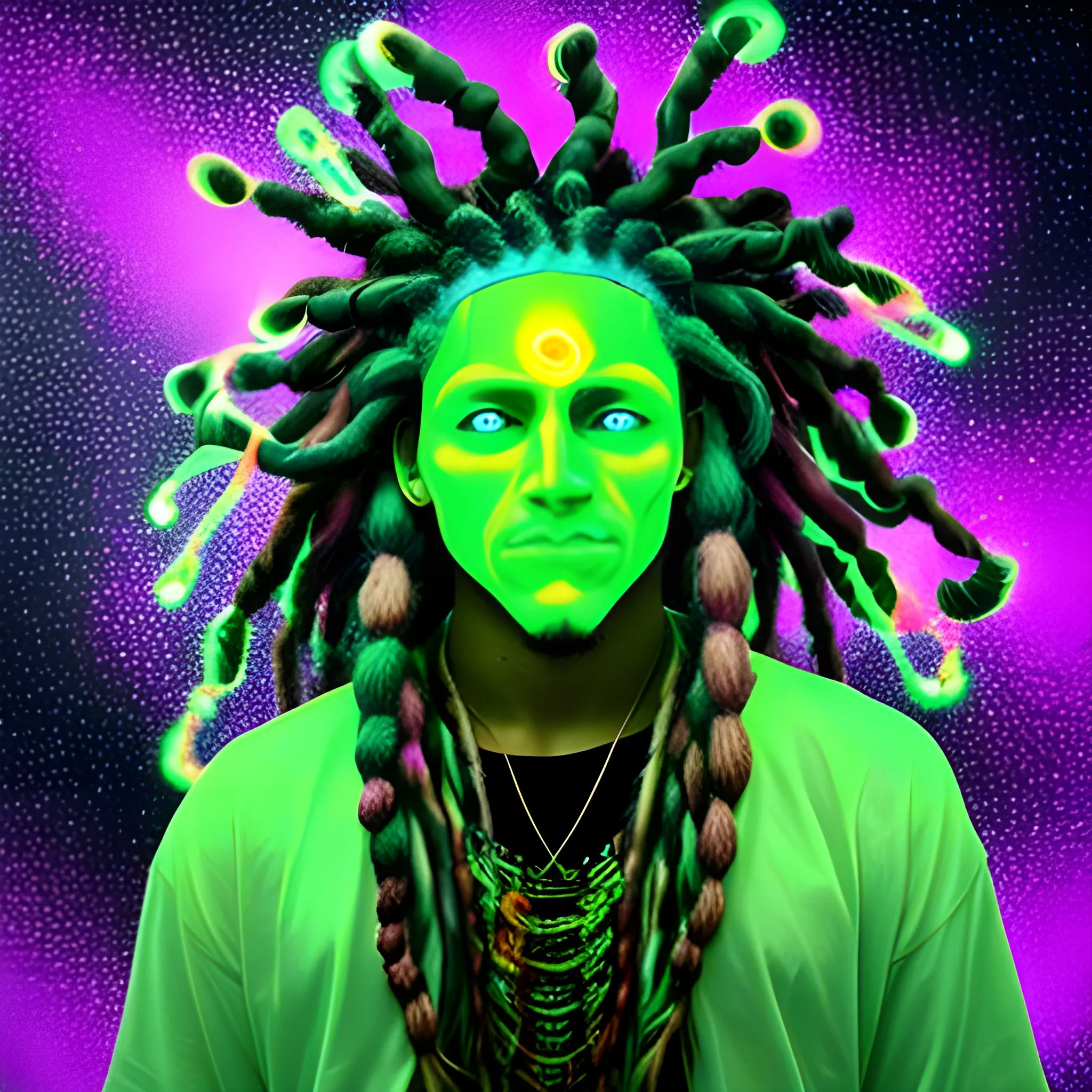 , Trippy glowing man with dreadlocks