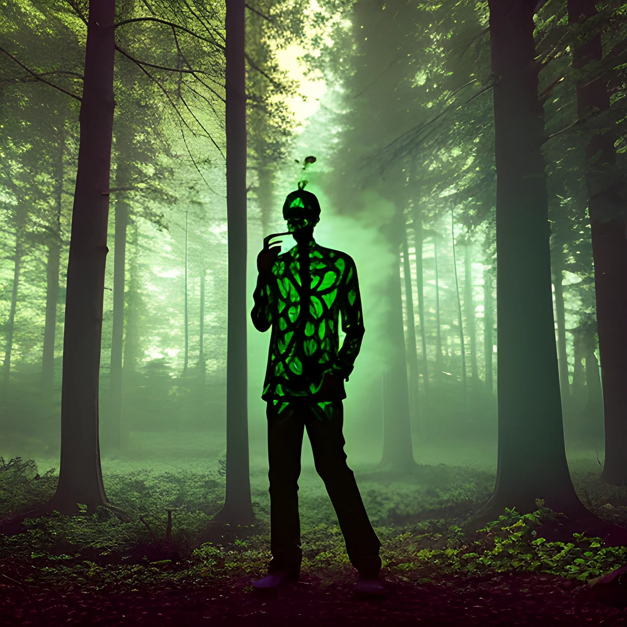 , Trippy glowing man smoking in the woods