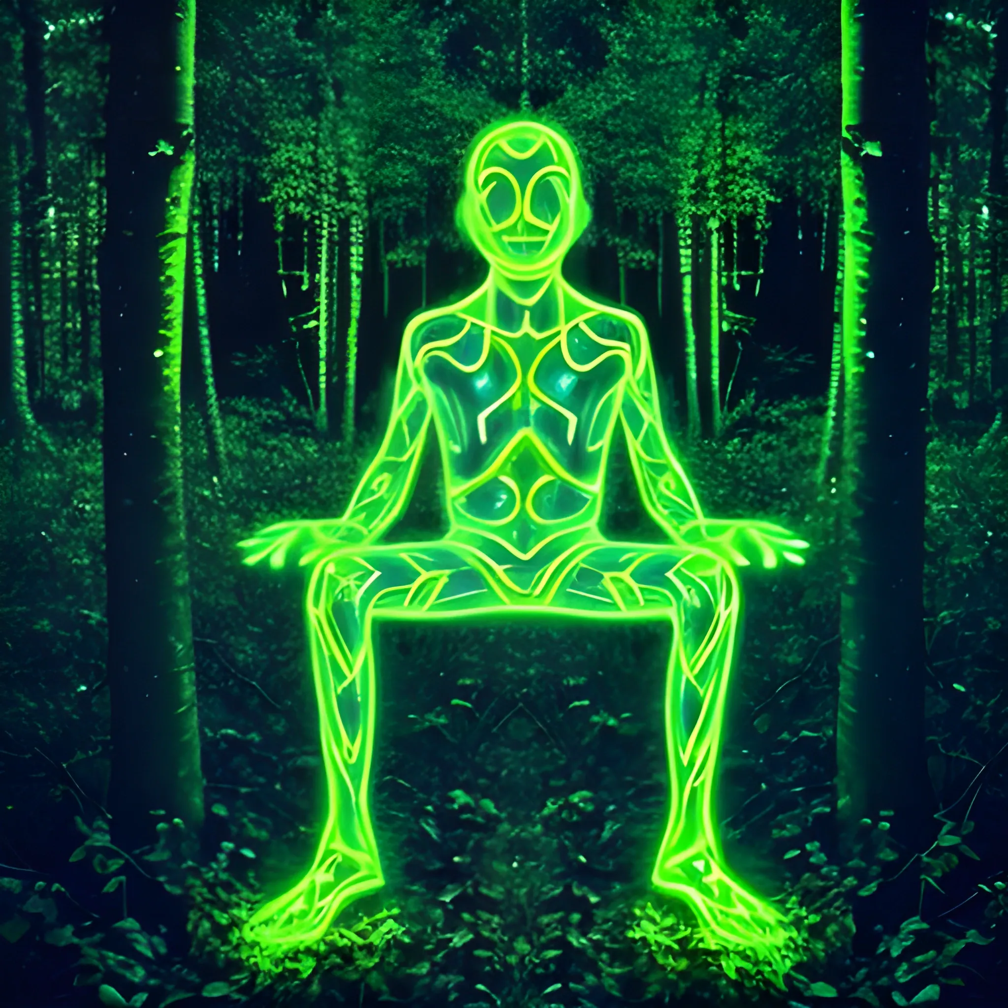 , Trippy glowing man floating in the woods at night