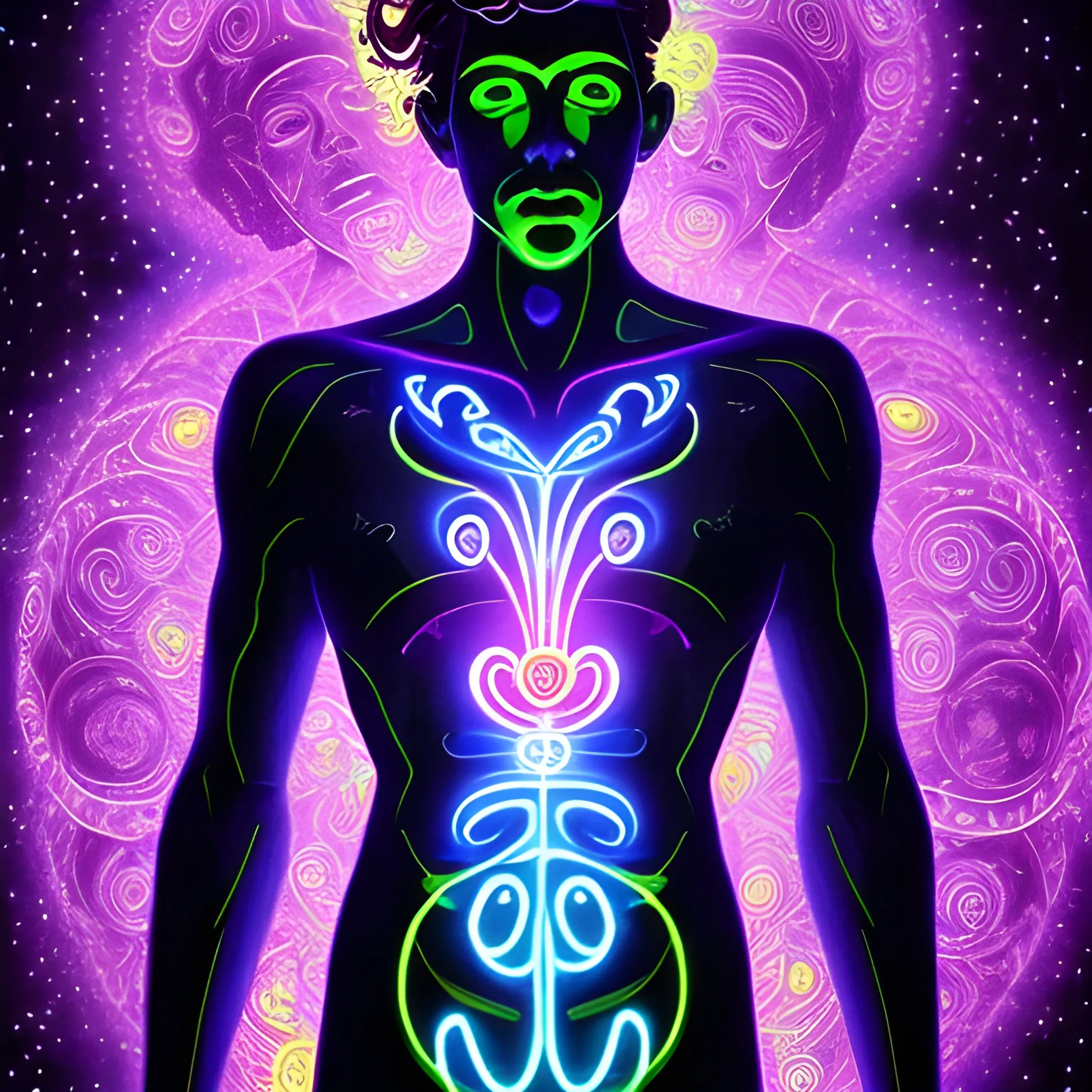 
, Trippy omnipotent glowing man on planet