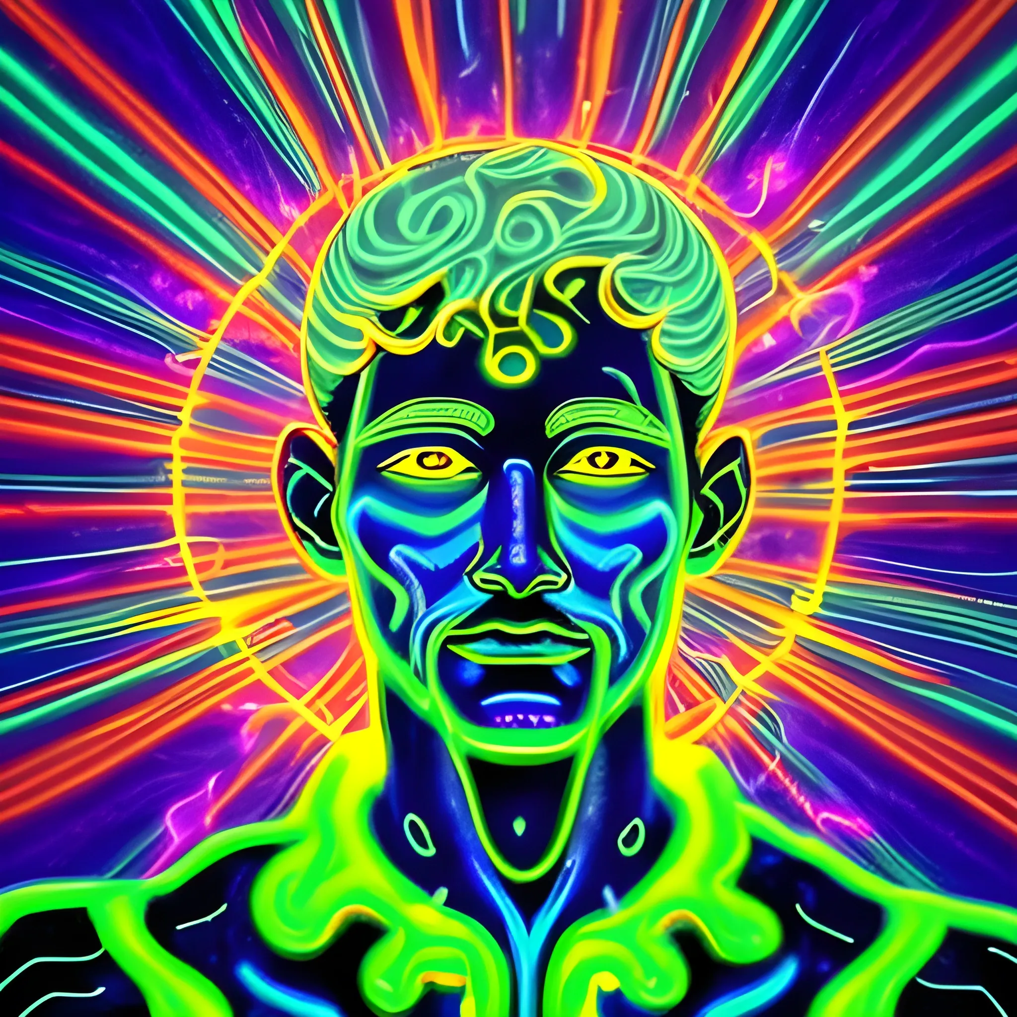 
, Trippy omnipotent glowing man on planet