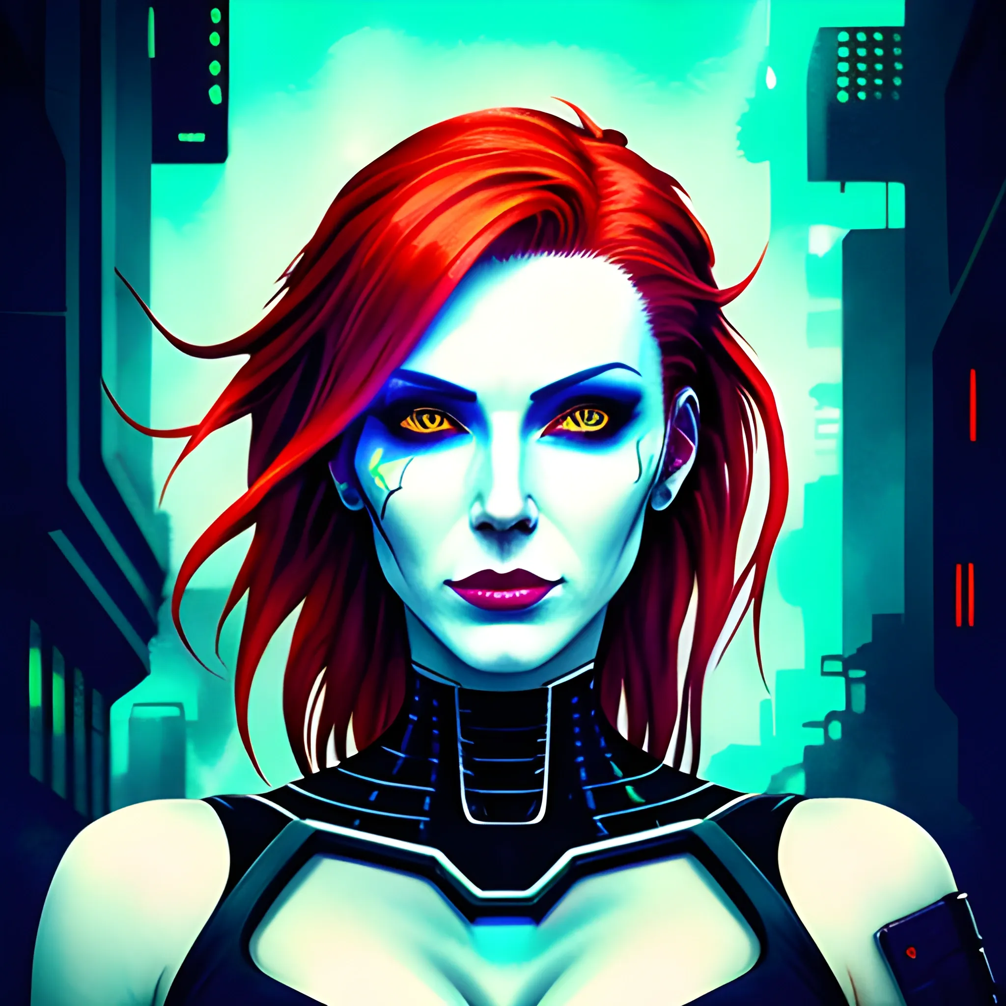 Cyberpunk girl, girl with red hair, dim lights, blue and black tones style, surreal, Water Color