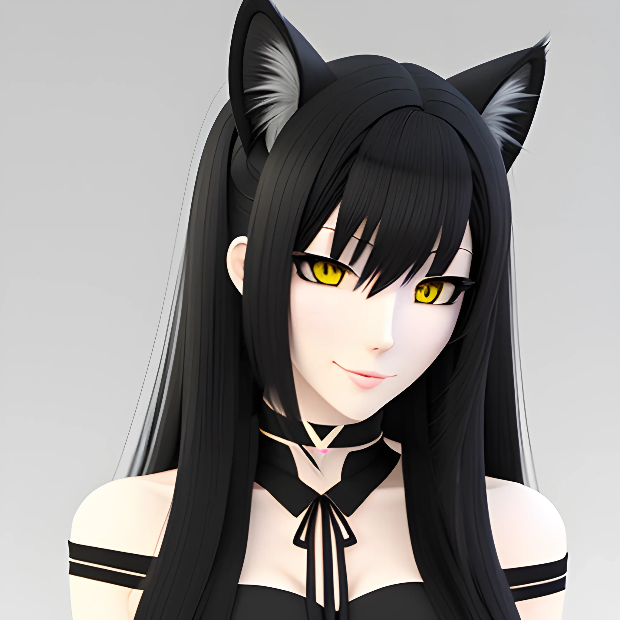 A girl with cat ears, black long hair, pale skin, looking at the camera, anime style, 3D