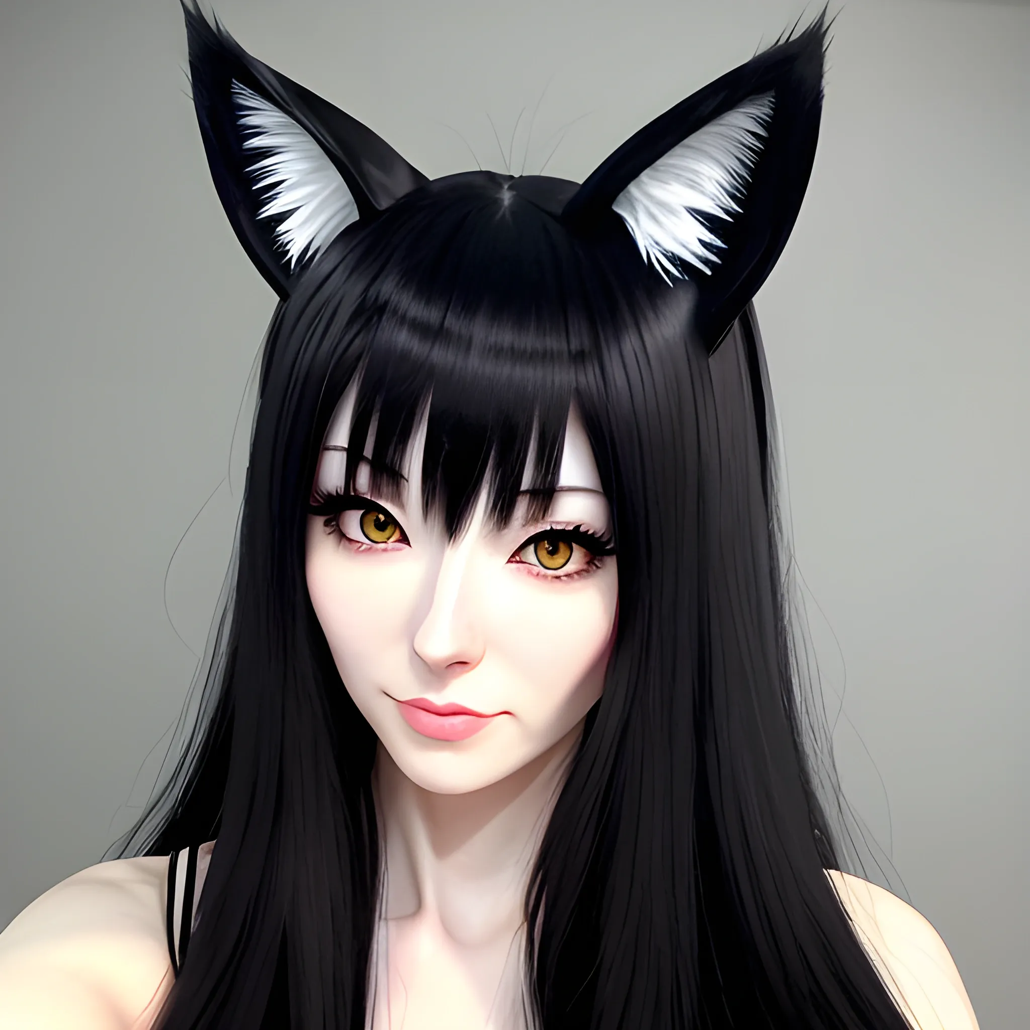 A 5 years old loli cute girl with cat ears, black long hair, pale skin, looking at the camera, anime style, camera angle up