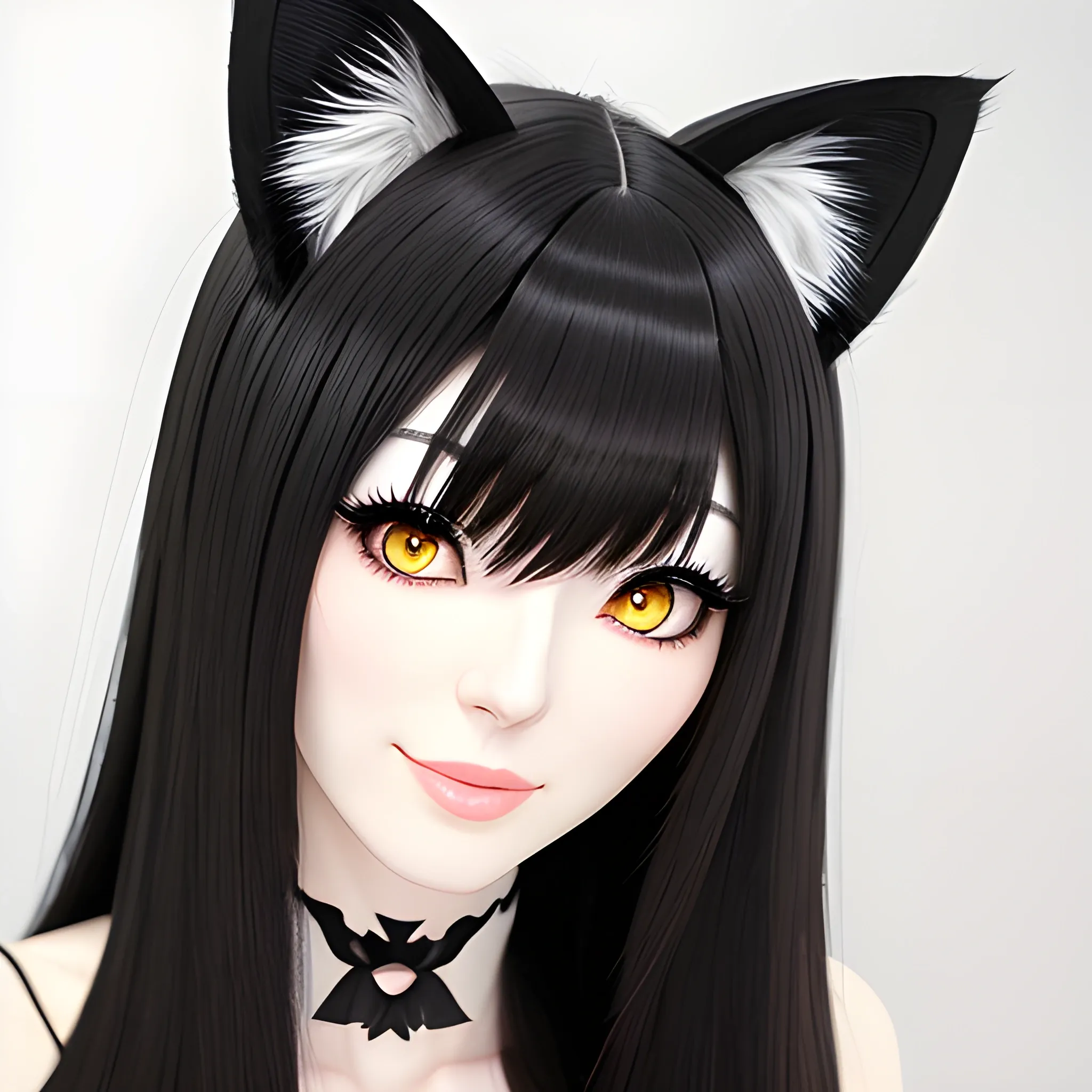 A cute girl with cat ears, black long hair, pale skin, looking at the camera, Japanese anime style