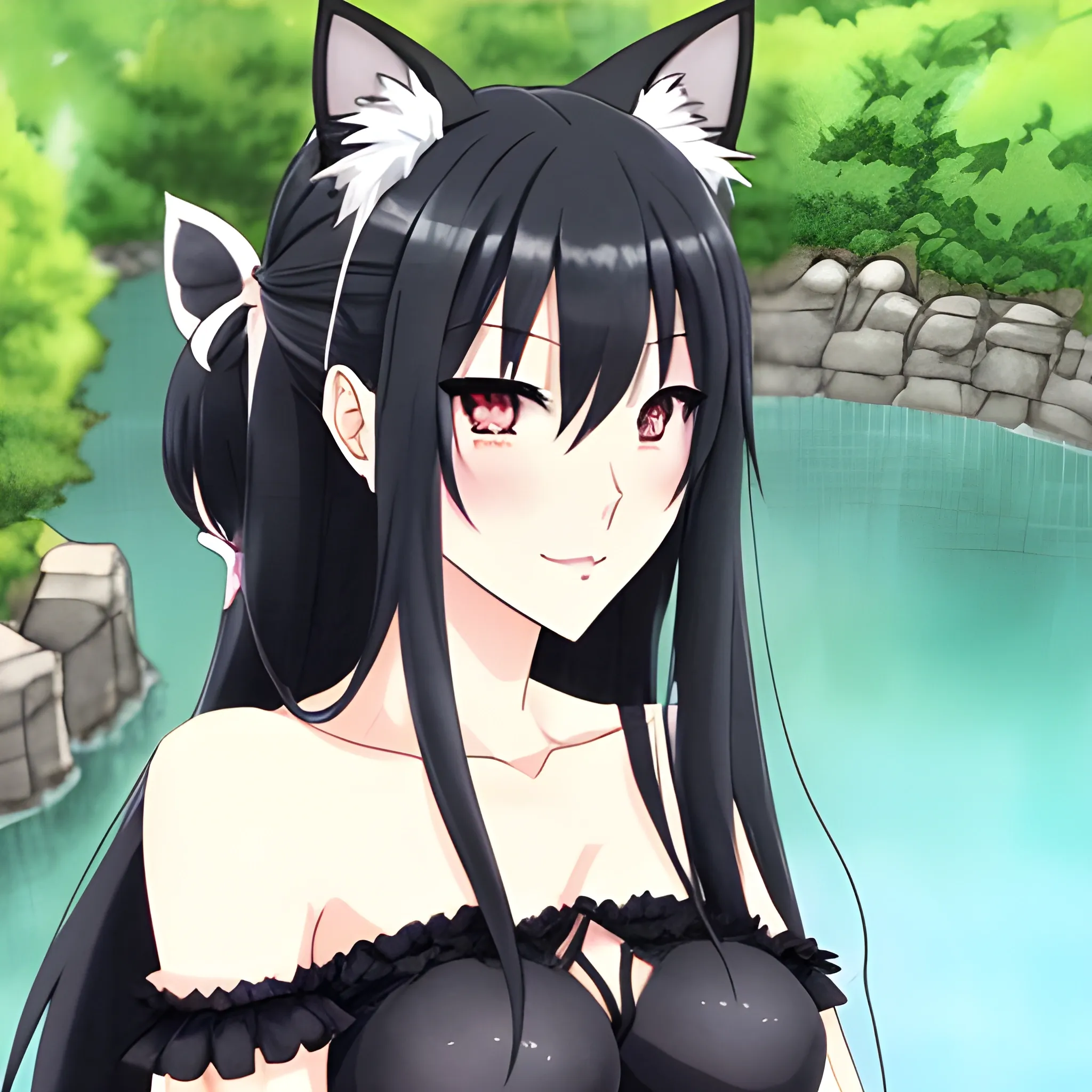 Cute anime cosplay girl with long hair wearing cat ears. Pixel