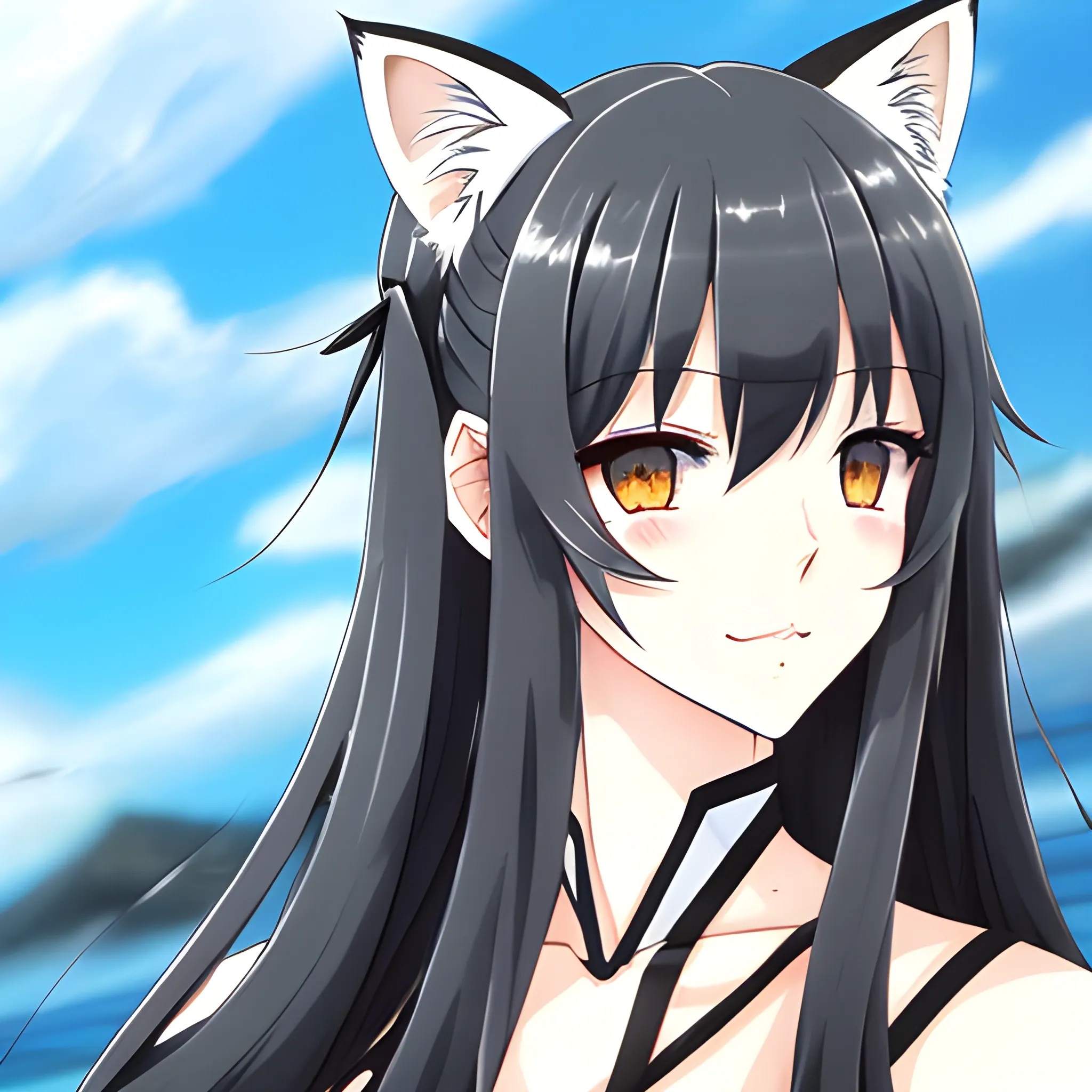 A cute girl with cat ears, black long hair, pale skin, looking at the camera, Japanese anime style, Water Color