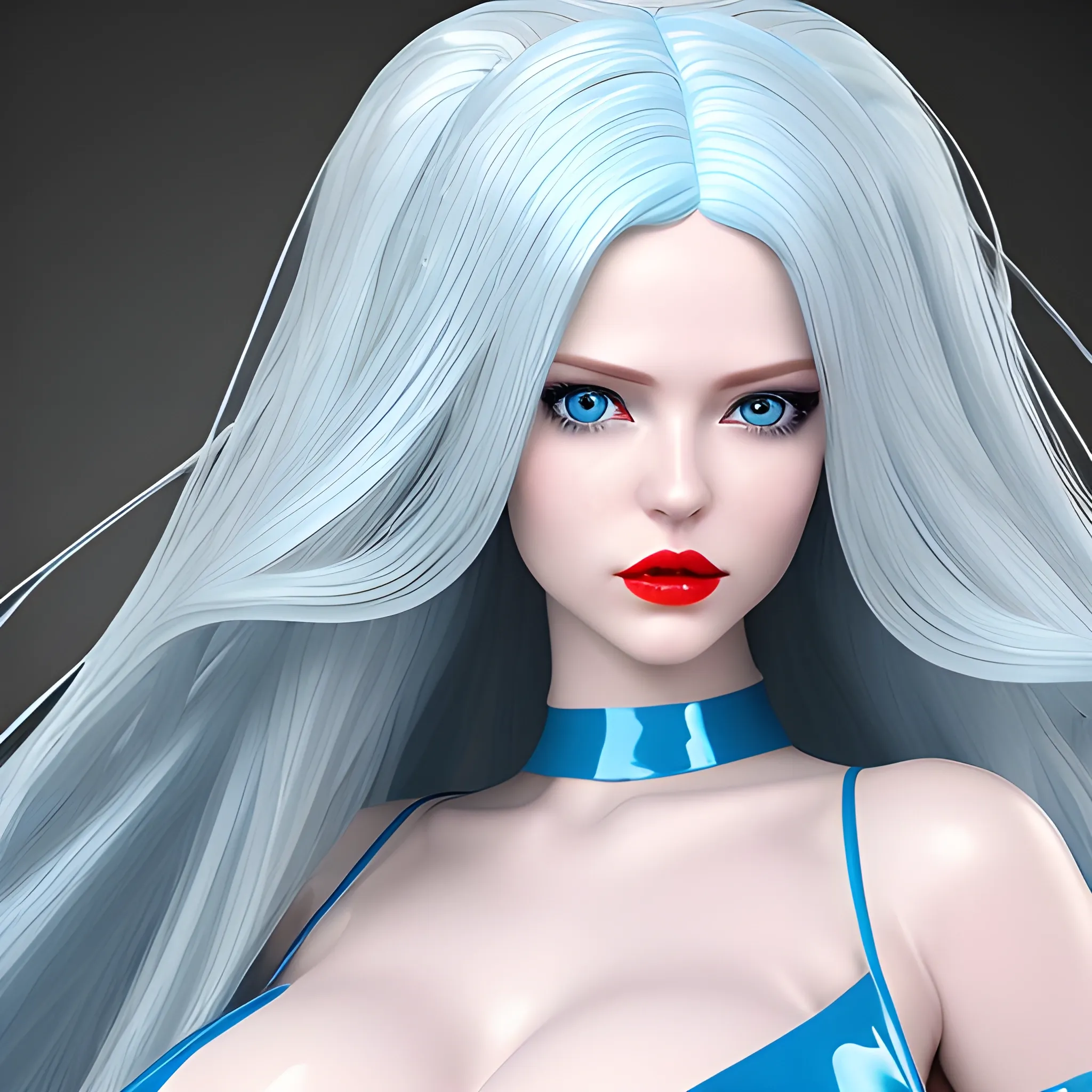 Create a photorealistic Women with Long blue Hairs. Her Dress is a Latexbody in White, deep blue eyes, beatyfull lips, breast visible, high details