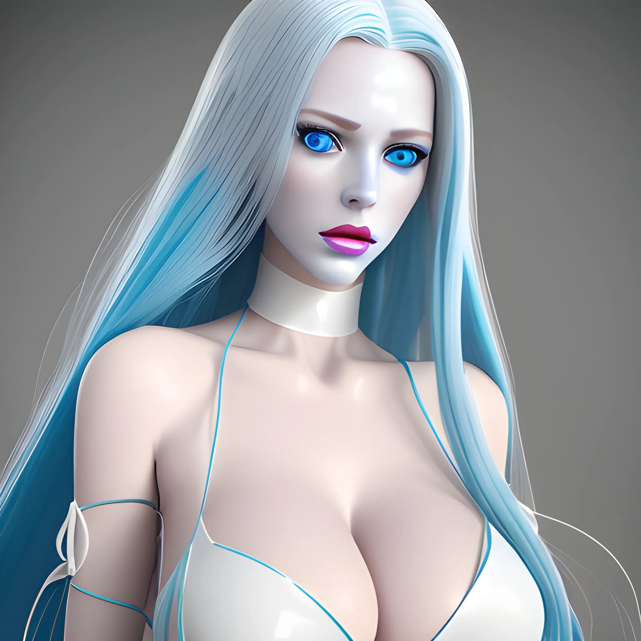 Create a photorealistic Women with Long blue Hairs. Her Dress is a Latexbody in White, deep blue eyes, beatyfull lips, breast visible, high details