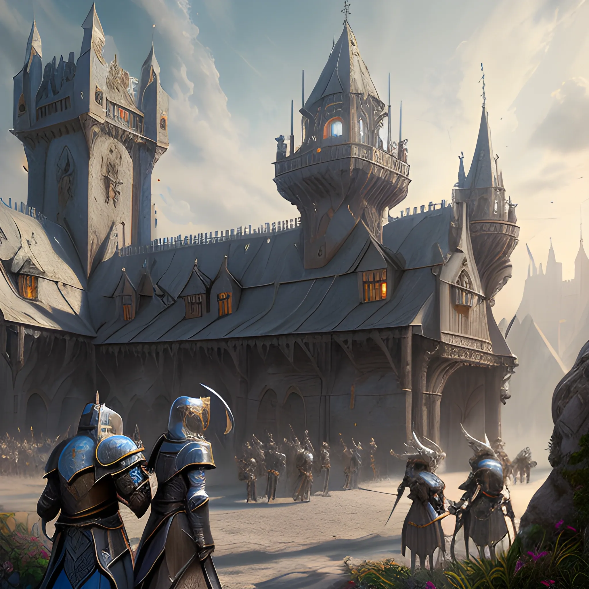 knight academy with knights, 8k, high resolution, high quality, photorealistic, hyperrealistic, detailed, detailed matte painting, deep color, fantastical, intricate detail, splash screen, complementary colors, fantasy concept art, 8k resolution trending on Artstation Unreal Engine