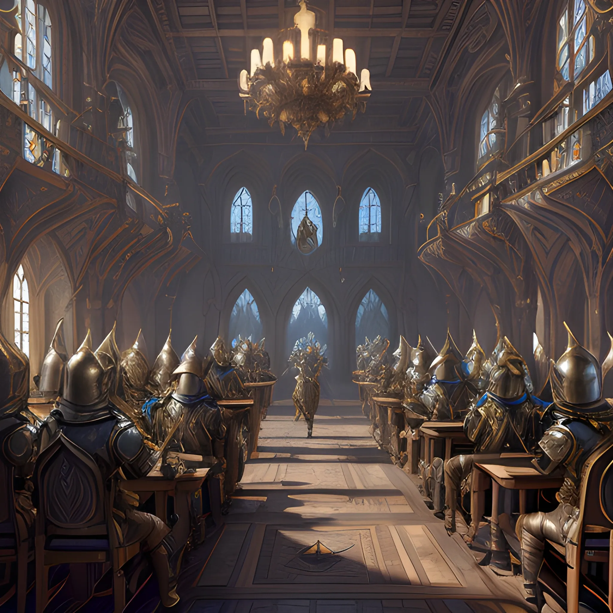 mediaval knights in knight academy, interior, 8k, high resolution, high quality, photorealistic, hyperrealistic, detailed, detailed matte painting, deep color, fantastical, intricate detail, splash screen, complementary colors, fantasy concept art, 8k resolution trending on Artstation Unreal Engine, {width:1000 height:500}