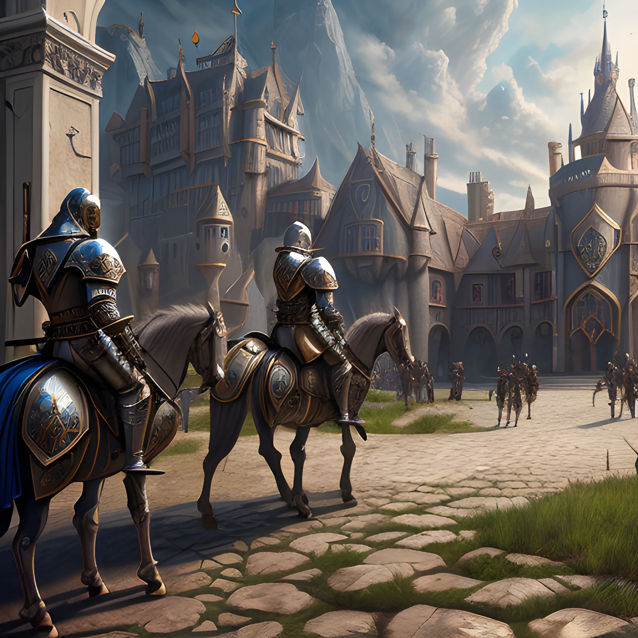 knights in knight academy, outside, 8k, high resolution, high quality, photorealistic, hyperrealistic, detailed, detailed matte painting, deep color, fantastical, intricate detail, splash screen, complementary colors, fantasy concept art, 8k resolution trending on Artstation Unreal Engine,