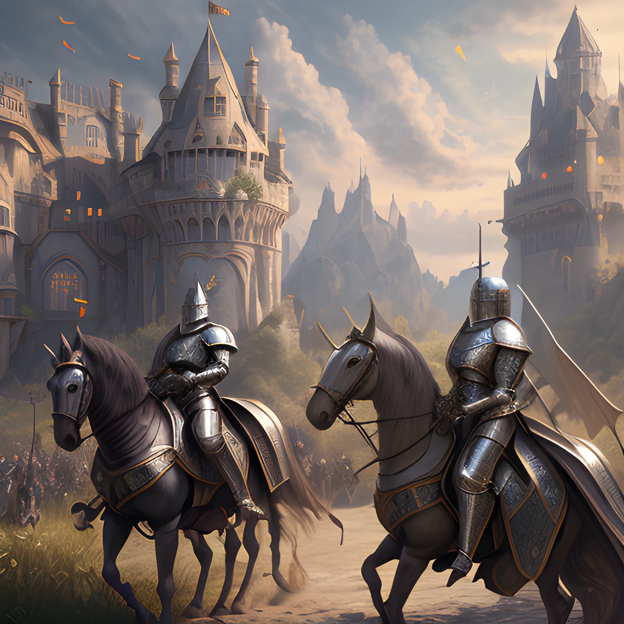 knights in knight academy, outside, 8k, high resolution, high quality, photorealistic, hyperrealistic, detailed, detailed matte painting, deep color, fantastical, intricate detail, splash screen, complementary colors, fantasy concept art, 8k resolution trending on Artstation Unreal Engine,